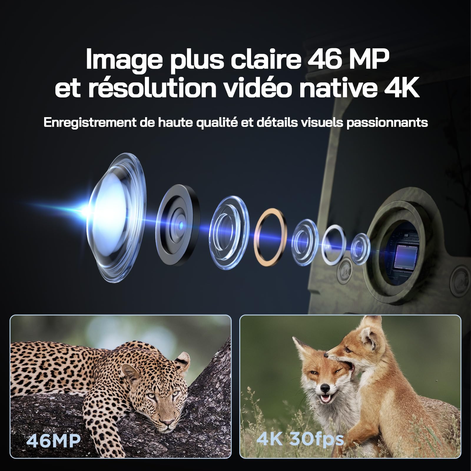 WOLFANG Caméra de Chasse Solaire 4K 30fps 68MP WiFi Bluetooth Camera Chasse Vision Nocturne IP66 Étanche pour la Surveillance de la Faune et la Sécurité à Intérieure
