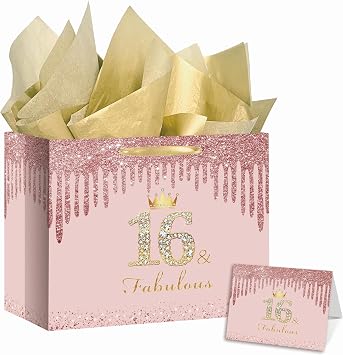 RDKOEAKEL Rose Gold Sweet 16 Fabulous Birthday Gift Bag for Girls Large Pink Gift Bag with Wrapping Paper and Card Perfect for Sweet 16 Party, 16th Birthday Decorations, and Party Supplies for Girls