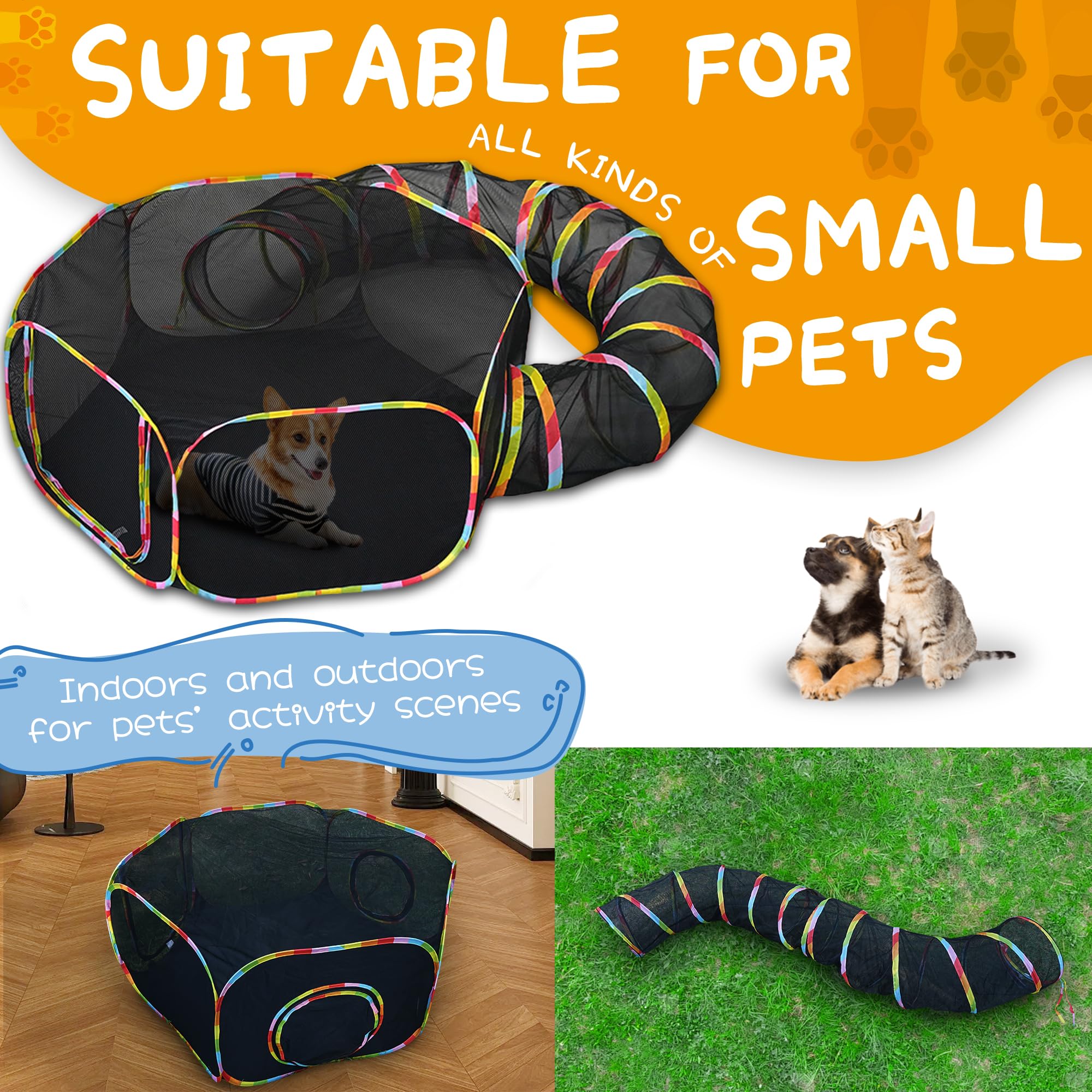 Outdoor Cat Tunnel and Play Tent, Rainbow Coloured, Mesh Enclosure with Connecting Tunnel - Image 4