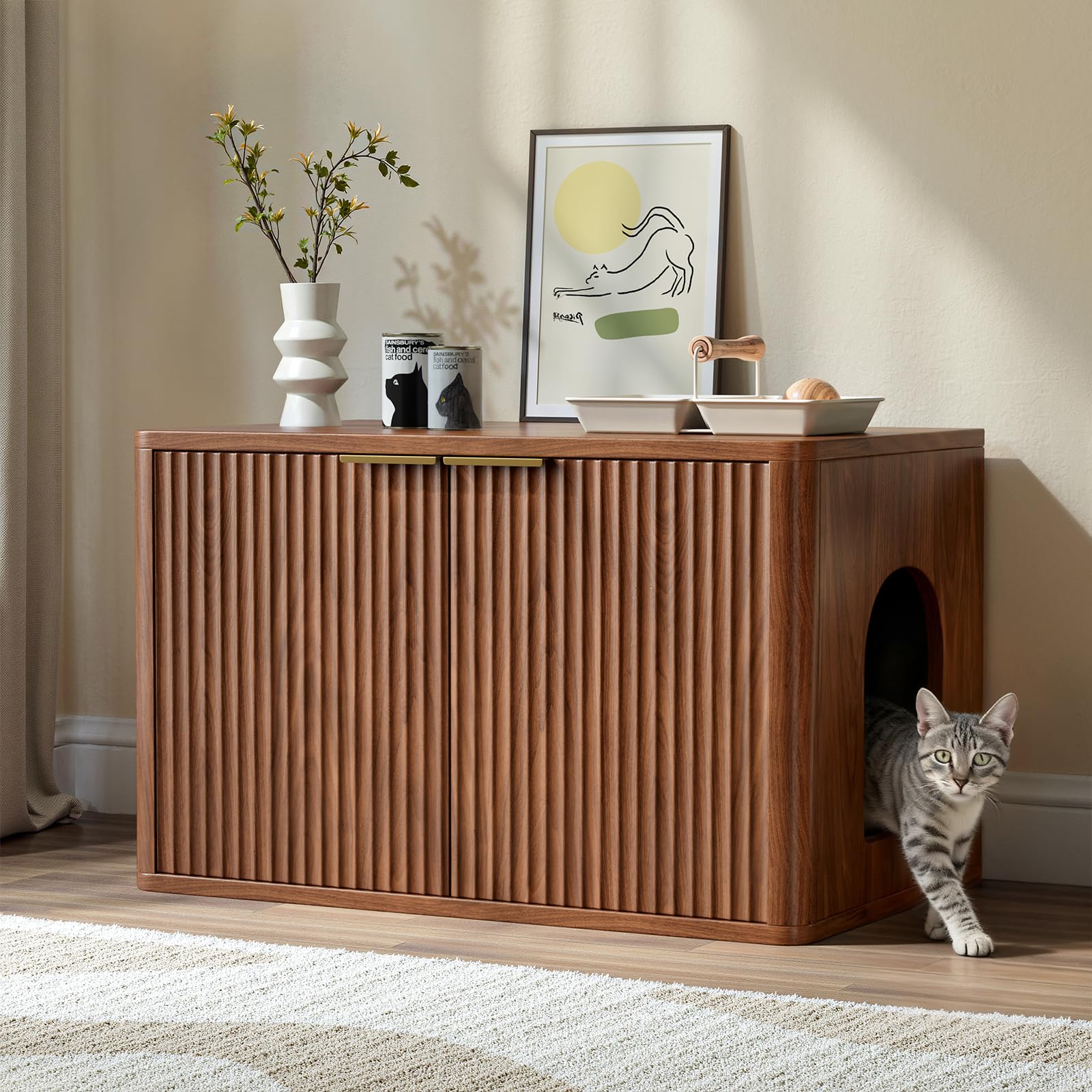 Evermagin 31.5" Walnut Cat Litter Box Enclosure Furniture, Large Hidden Litter Box Cabinet, Entry Can Install Left/Right, Mid Century Modern Fluted Kitty End Table for Living Room, Entryway, Bedroom