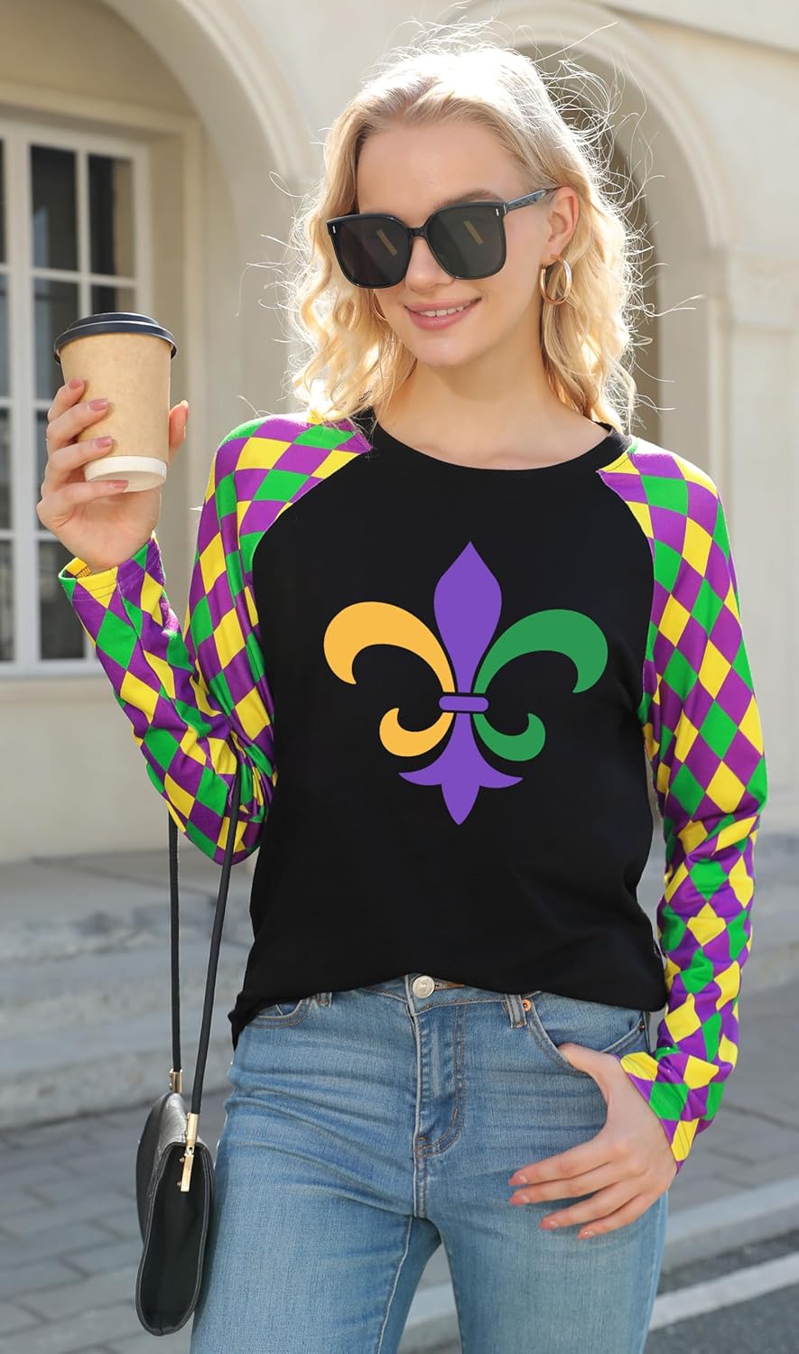 Mardi Shirts for Women: Carnival Glitter Mask Graphic T Shirt Mardi Outfit Fat Tuesday Long Sleeve Tops - Image 2