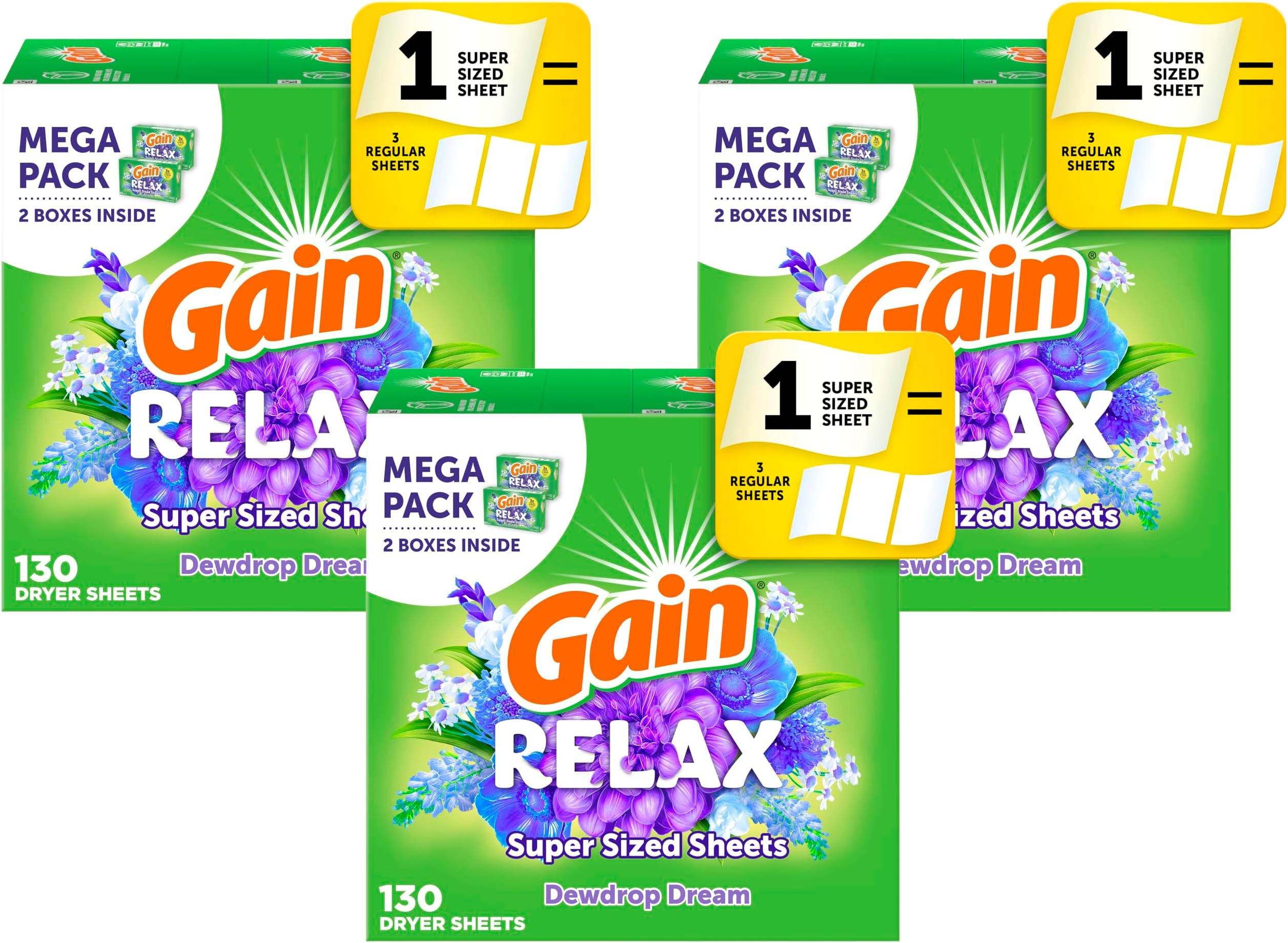 Gain Dryer Sheets Relax | Dewdrop Dream | Static Fighting | Super Sized | 130 Count, Pack of 3