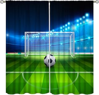Soccer Blackout Curtains for Kids Bedroom,Sports Theme Cartoon Lighting Power Green Stadium Soccer Goalie Window Drapes Print for Boys Juvenile Bedroom Nursery Childcare Rooms 55x63in