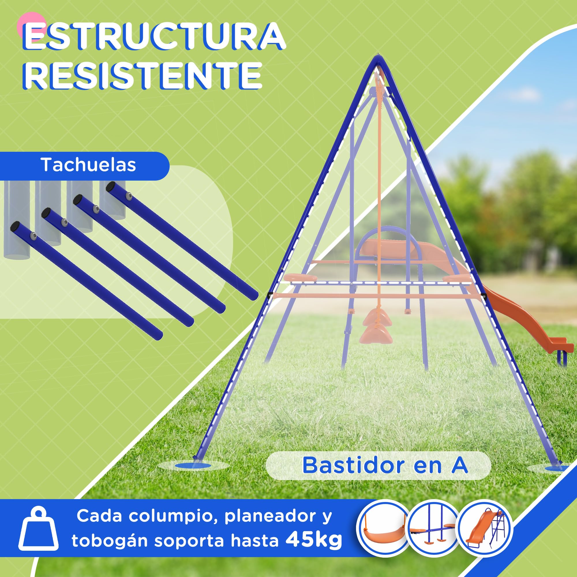 Outsunny Columpio Infantil 4 en 1 Columpio para Niños con 2 Columpios Individuales 1 Columpio del Planeador 1 Tobogán Cuerda Ajustable y Anti-UV para Exterior Carga 225 kg Multicolor