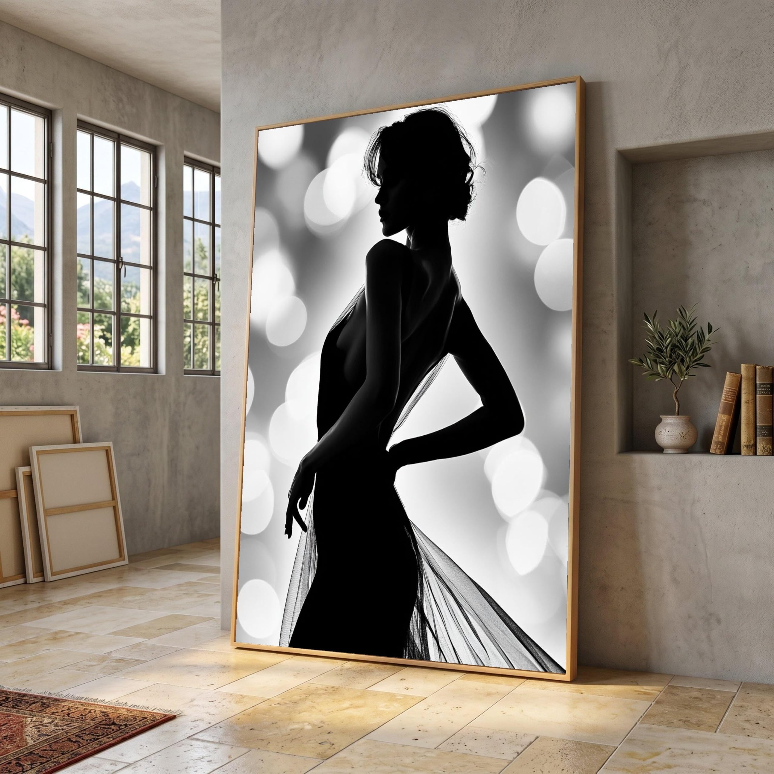 TONGYINLI Elegant Female Silhouette Painting on Canvas, Black White Fashion Pose Print, Figure portrait Wall Art(50x70cm/Frameless)