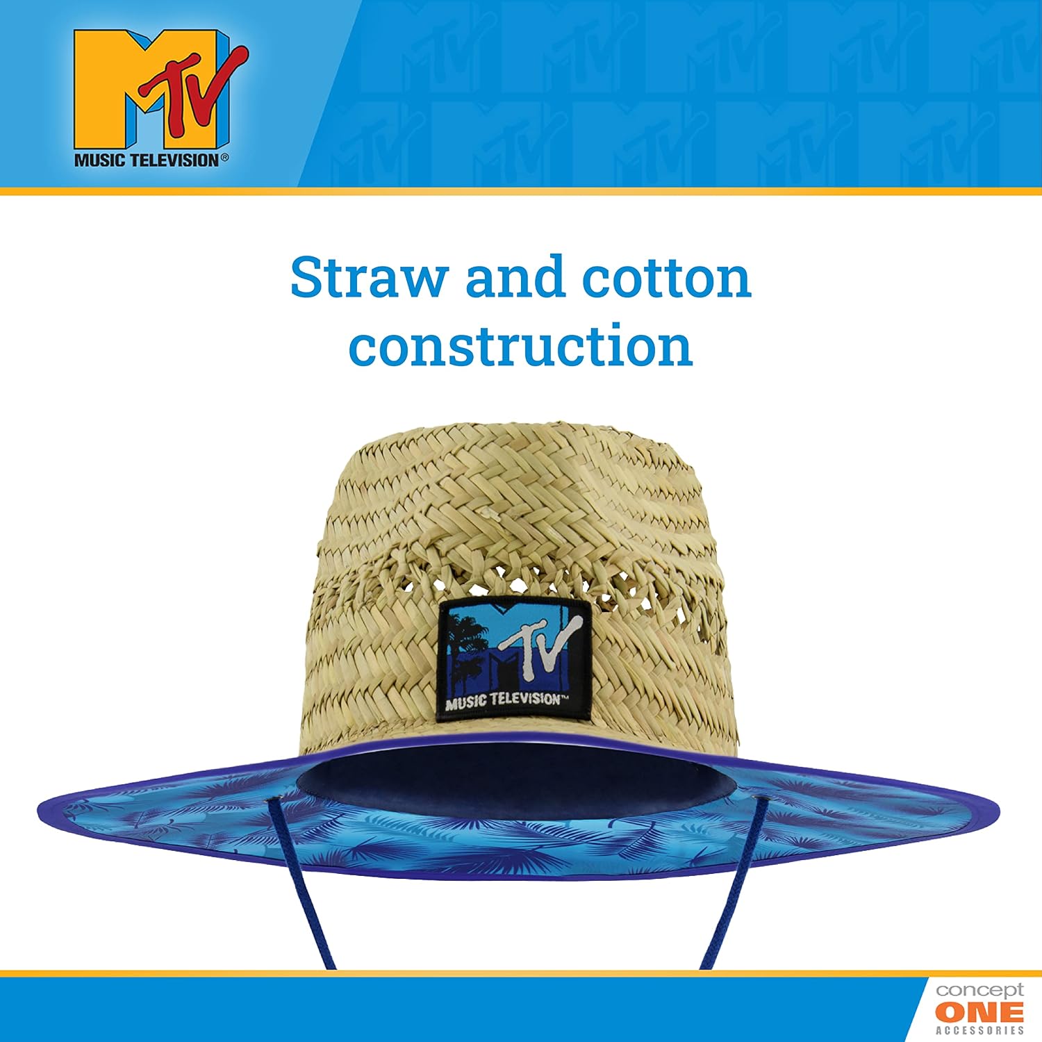 MTV Beach Straw Hat, Adult Lifeguard Cap with Wide Brim, Natural, One Size