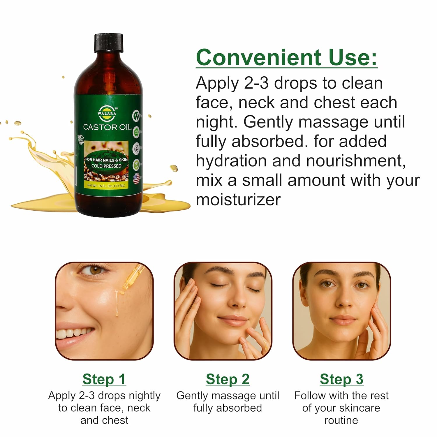 Pure 100% Original Castor Oil (16 oz) – USDA Certified Organic, Cold Pressed, Hexane-Free. Eyelash, Eyebrow & Hair Growth Stimulator, Skin Moisturizer & Hair Treatment - Image 7