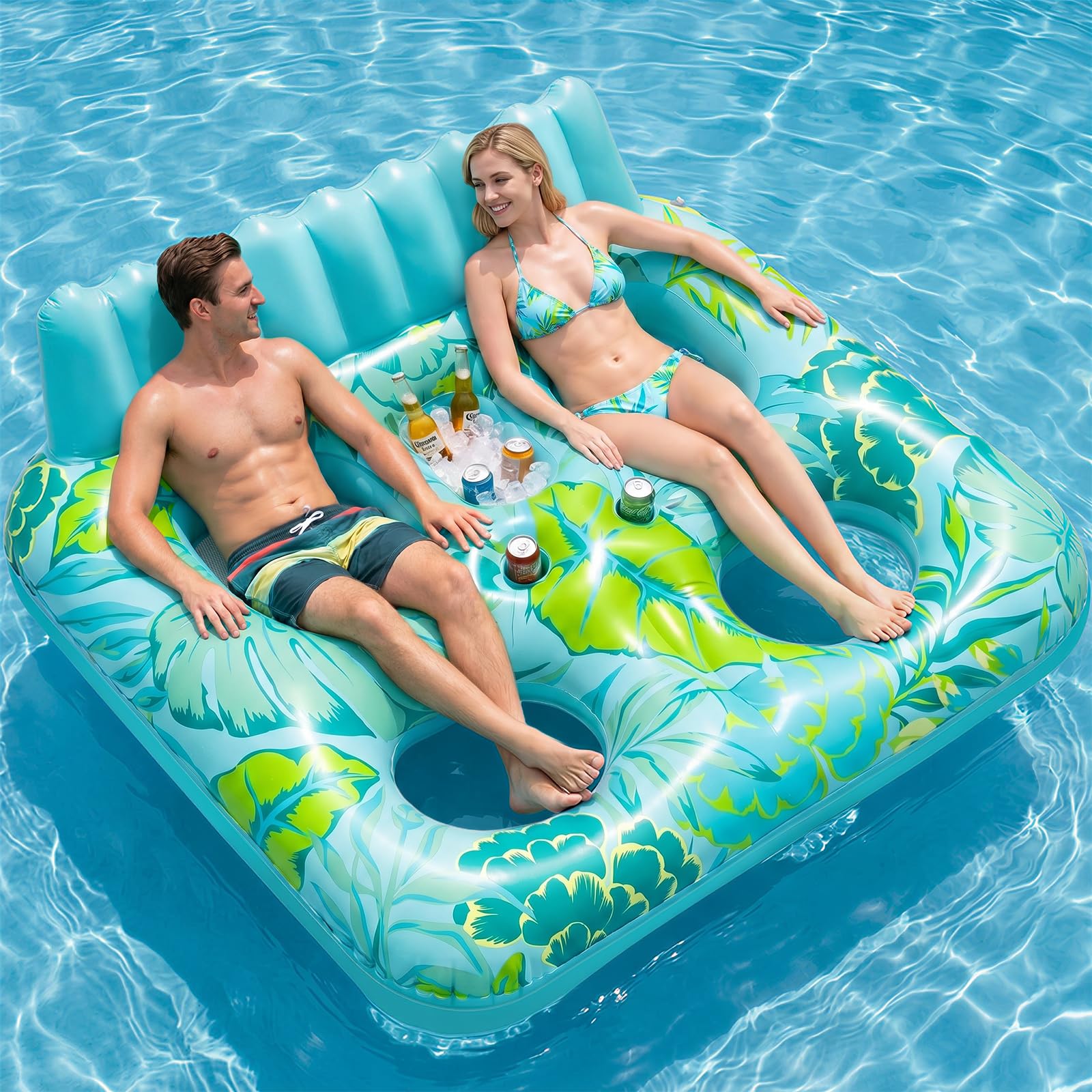 SOLAVERO Luftmatratze Pool Erwachsene 180x156cm, Groß Luftmatratze Wasser für 2 Personen mit Rückenlehne & Fußstütze, Aufblasbare Poolliege Badeinsel XL mit Getränkehaltern, Pool-Flöße für Wasserparty
