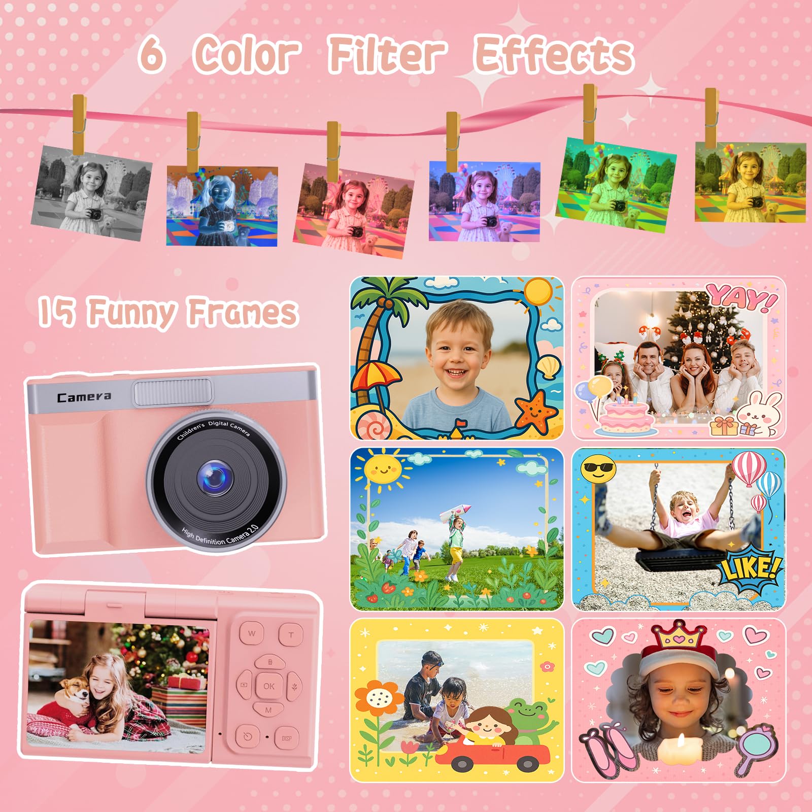 Digitalkamera 2-Zoll-LCD 180°- Fotokamera,Vlogging-Fotogerät Kompaktkamera mit 5X Digitalzoom,32-GB-Micro-Speicherkarte, für Jugendliche, Studenten und Anfänger,Schwarz