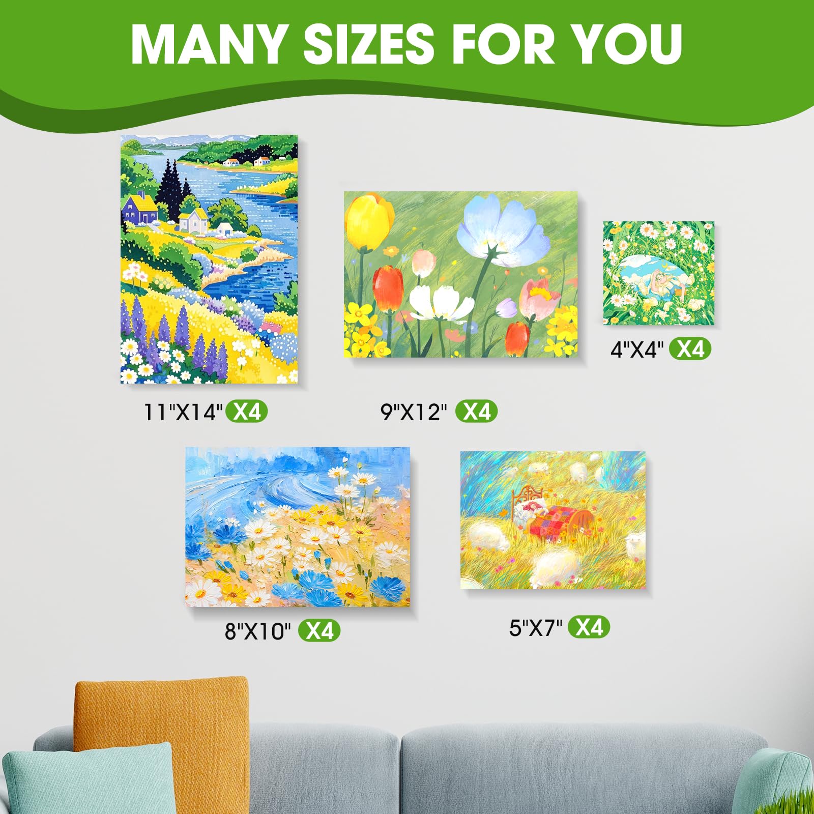 20 opakowań rozciągniętych płócien w wielu rozmiarach 10 x 10, 8 x 10, 9 x 12, 11 x 14 (po 4 sztuki), zagruntowane białe puste - dobre do akrylowego malowania olejnego na mokro lub na sucho.