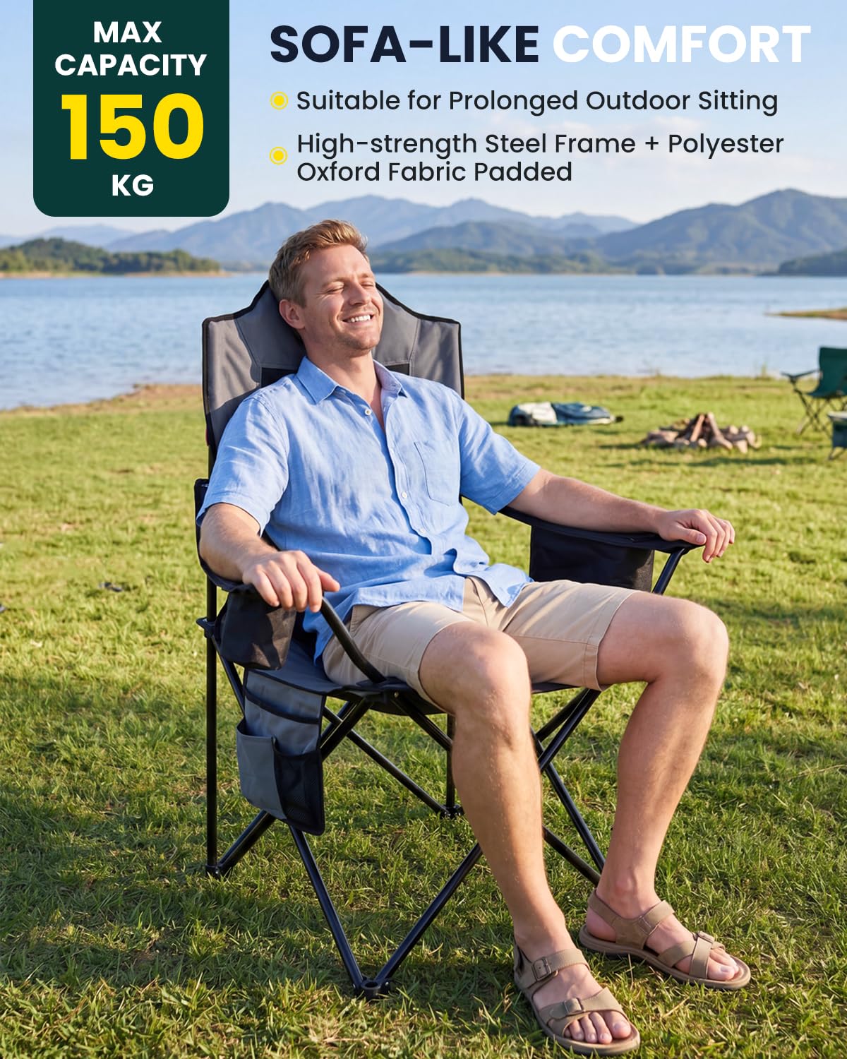YEAUPE PRO Silla de Camping Plegable y Acolchada,Respaldo Alto,hasta 150 kg | Sillas de Pesca Extra Cómoda, con Bolsa Térmica, Portavasos y Bolsa de Transporte, para Camping, Playa, Festivales