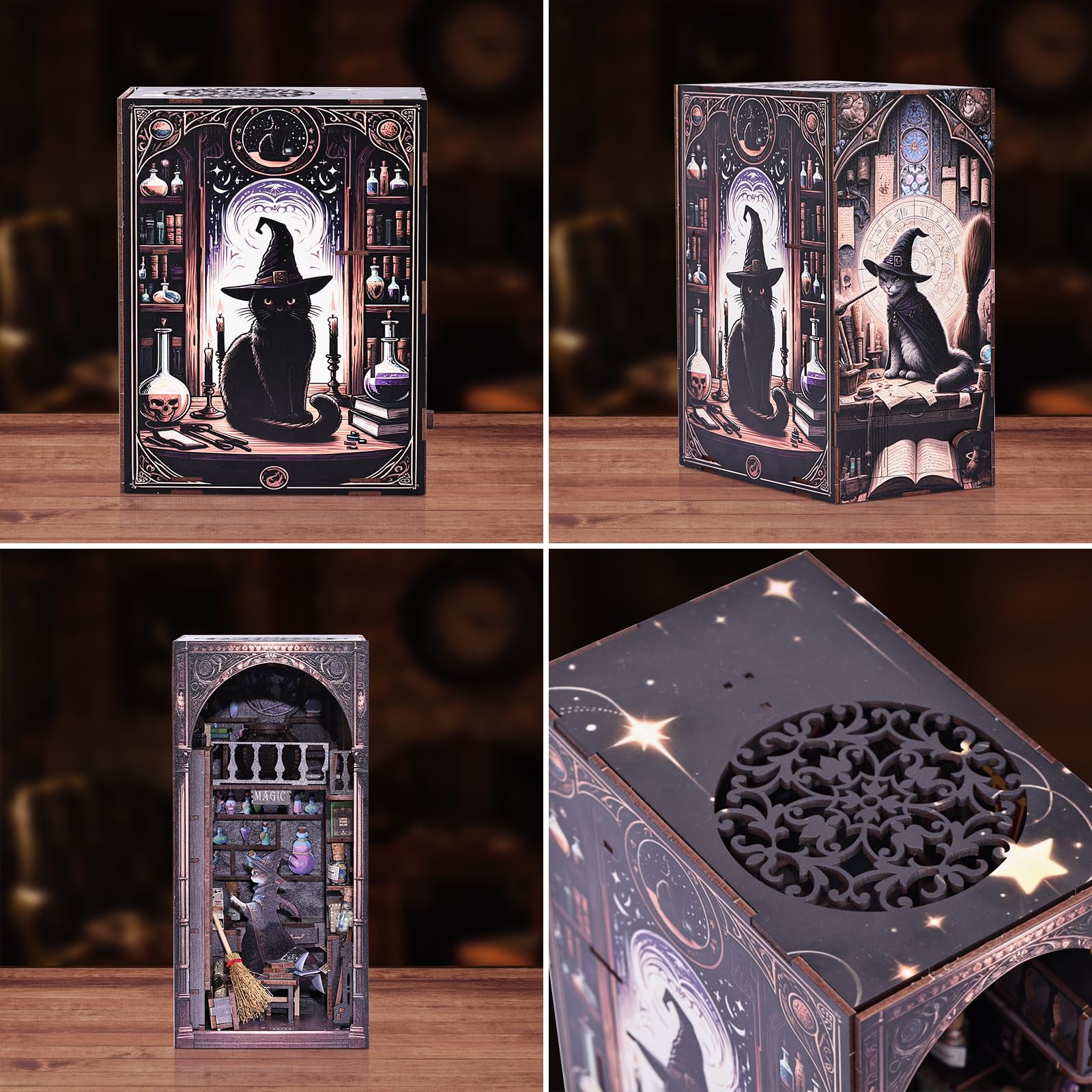 Kit angolo libro 3D Magic Cat Wizard, kit fai da te in miniatura per casa delle bambole per adulti e adolescenti, puzzle con inserto fermalibri in legno 3D, modello mini casa magica