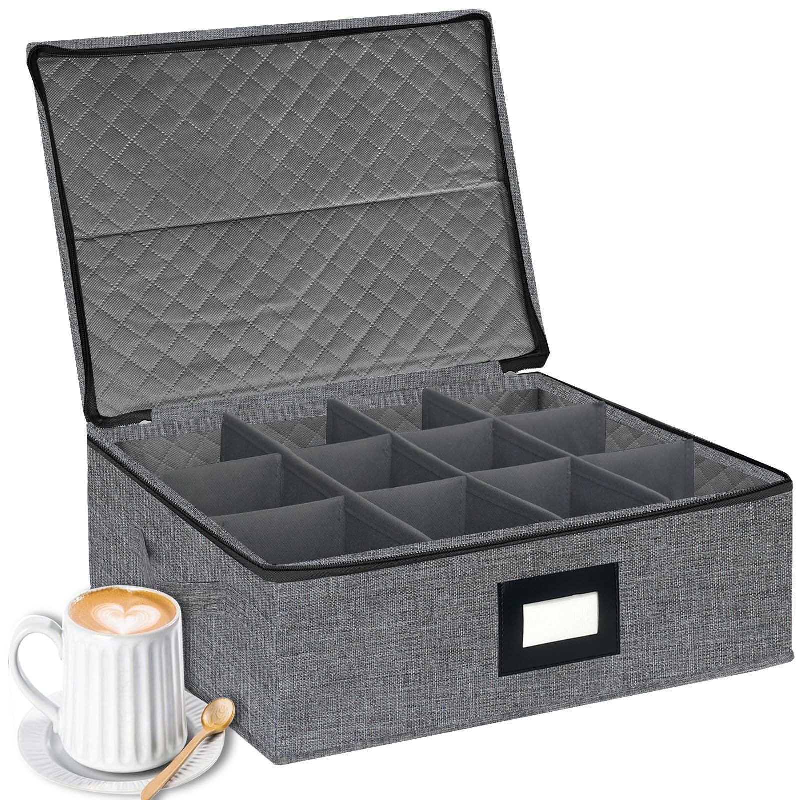 homyfort Mug Coffee Storage Box with Dividers - Stackable Glass China Storage Containers Hard Shell with Lid, Label and Handles, Holds 12 Coffee Mugs and Tea Cups (Dark Grey)