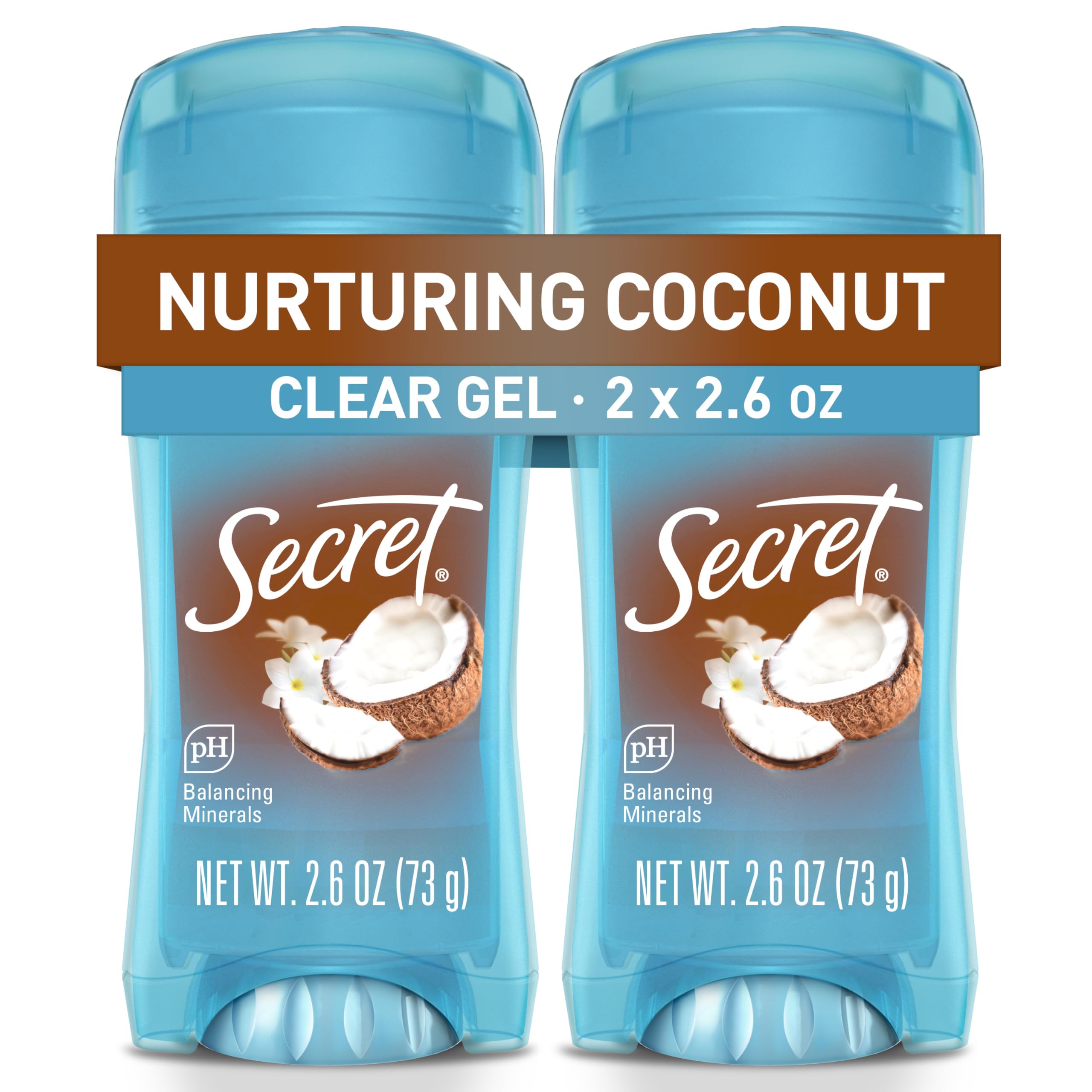 Secret Fresh Antiperspirant Deodorant for Women, 72hr Breathable Sweat & Odor Protection, Instant Freshness & Gentle, PH Balancing Minerals, Clear Gel, Nurturing Coconut Scent, 2.6 oz (Pack of 2)