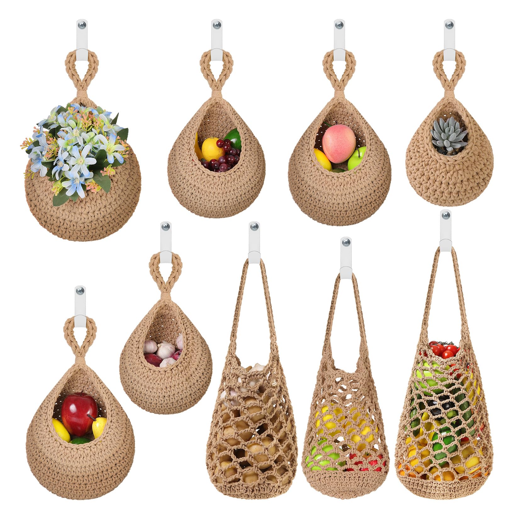 AARAINBOW Jute Kitchen Hanging Baskets 9 Pcs, Fruit Woven Wall Basket Hanging Vegetable and Onion Storage with 24 Hooks （Brown）