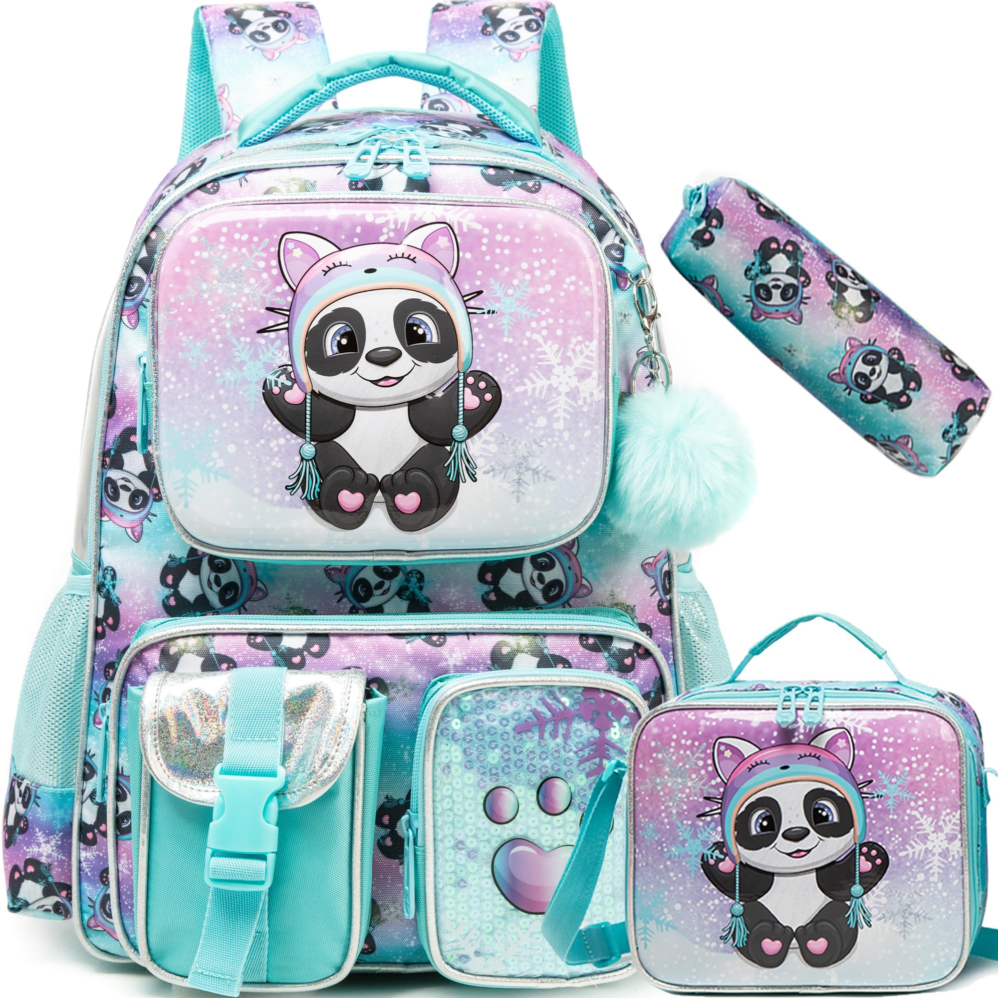Meetbelify Backpacks for Girls Cute School Backpacks for Elementary Students Ages 8-10 Kids Aesthetic Travel Backpack Large Capacity Laptop Bookbag with Lunch Box 3 in 1 Backpack Set for Girls