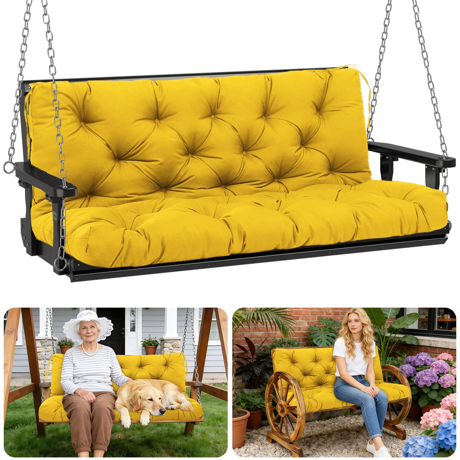 Porch Swing Cushions Outdoor 70 inch x 40 Waterproof Swing Cushions 3 Seater Replacement with Backrest &amp; 8 Ties 5" Thick Bench Swing Cushions for Outdoor Furniture Patio(Yellow)