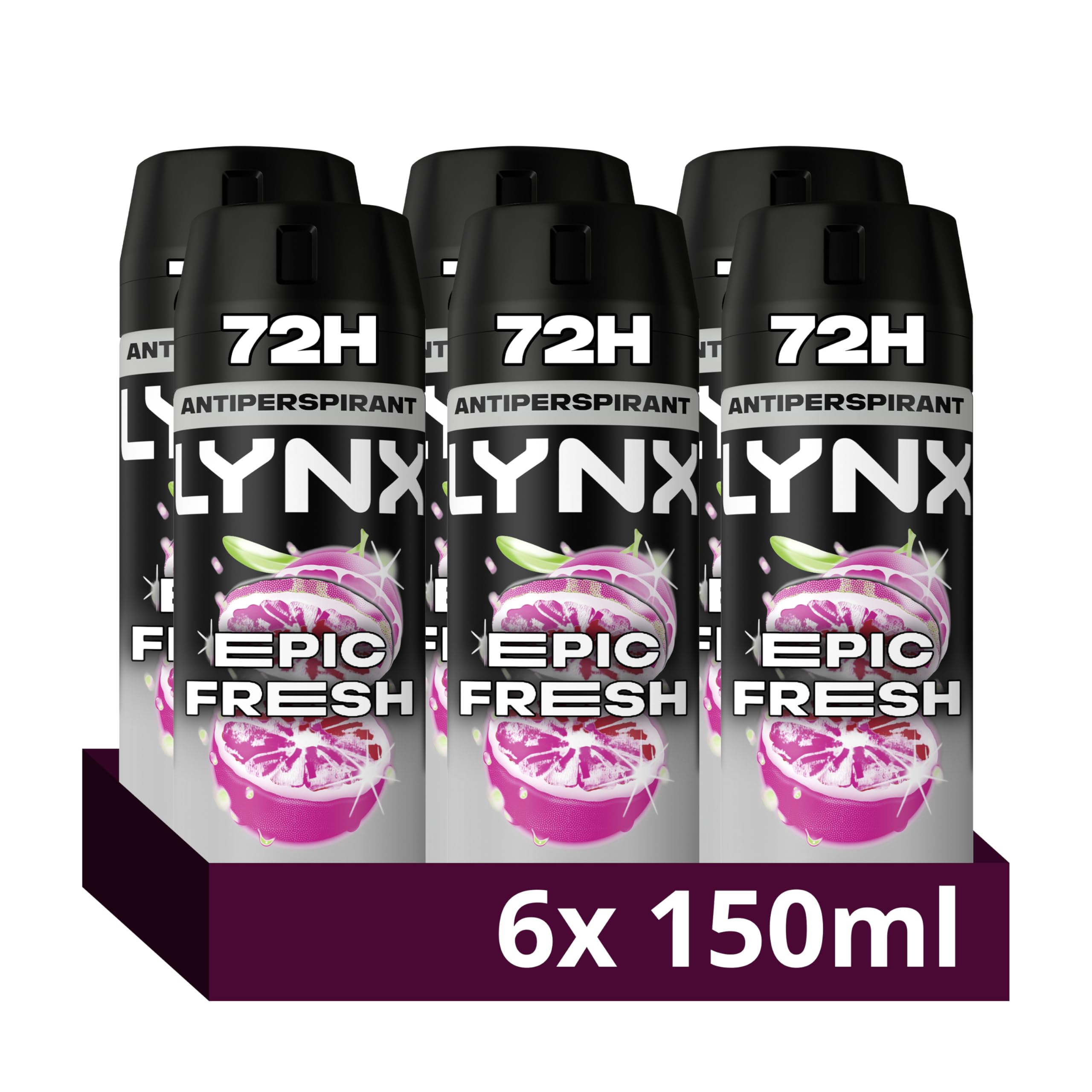 Lynx Men Epic Fresh Deodorant Body Spray Antiperspirant with grapefruit & tropical pineapple scent and ProScent technology and 72 hours protection against odour and wetness 150 ml, Pack of 6