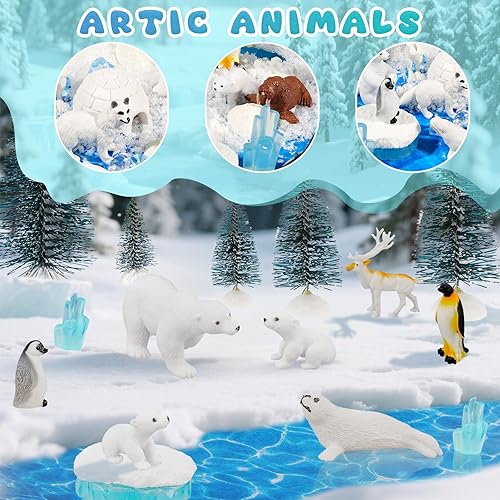 Miniatura 3 de Warmtree Juego de 46 figuras de animales árticos, incluye 22 figuras de animales de pingüino de oso polar, 6 mini pinos, 18 lceberg artificiales,