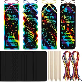 gsnma Scratch Bookmarks Art for Kids 72 Sets 4 Style Magic Rainbow DIY Bookmark Art Craft Paper with 72 Pieces Colorful Ropes and 20 Pieces Wood Stick for Christmas and Birthday Party Favor