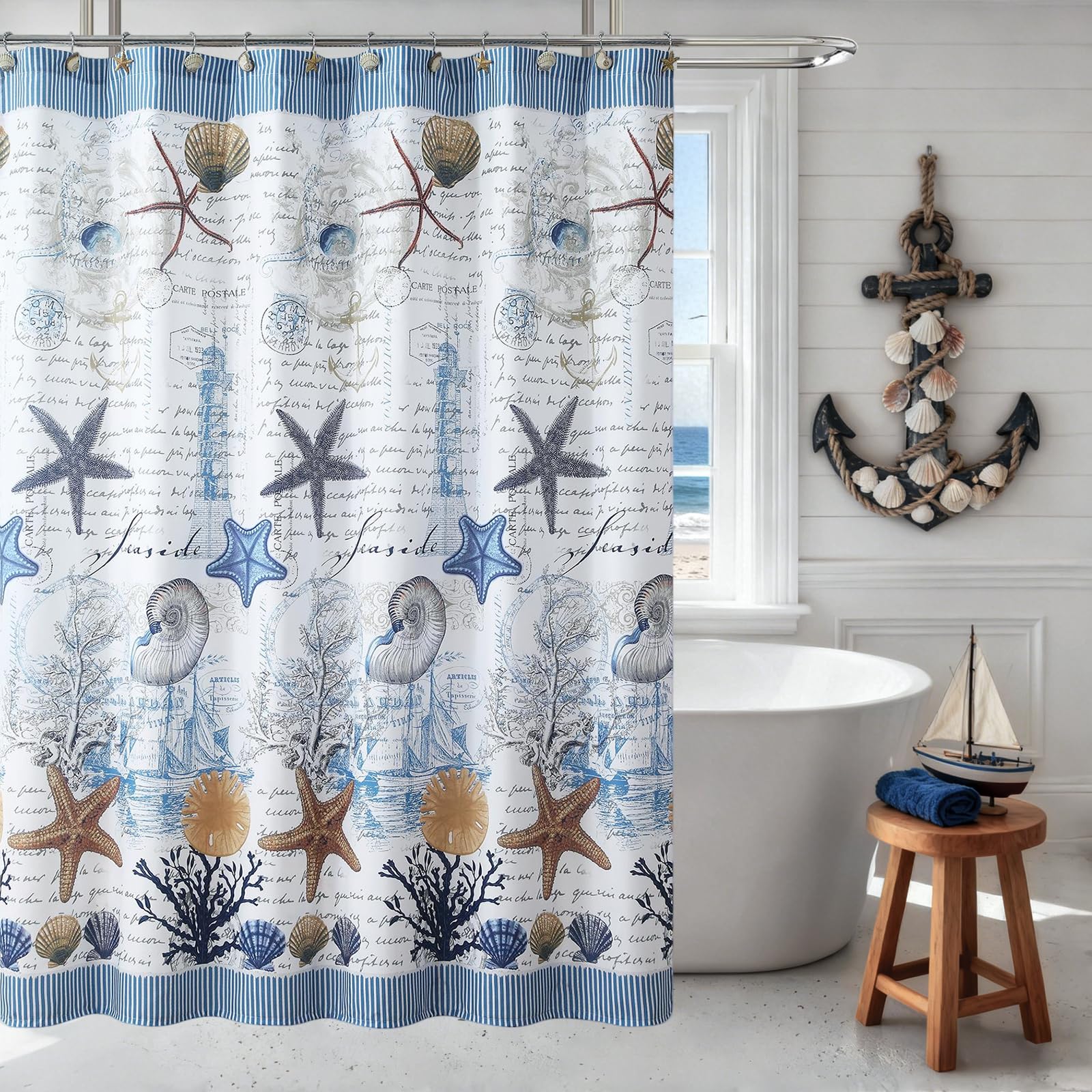 DS baño bajo el mar azul decorativa de concha marina cortina de ducha de tela de poliéster, resistente al moho cortinas de ducha para baño, diseño de baño cortinas