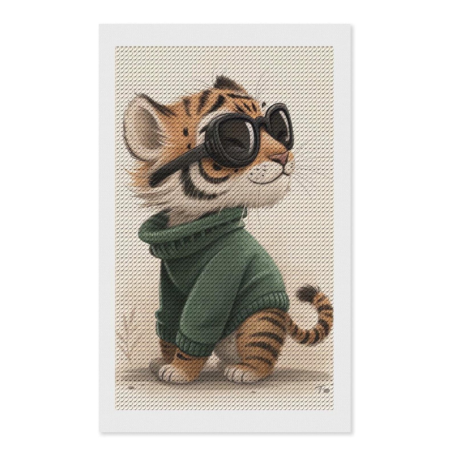 Junmoney Cool Tiger Cub with Sunglasses Diamond Painting Canvas Set 12"x20", Boho Decor, for Craft Lovers, Easy Handmade Project, Holiday Gift Idea