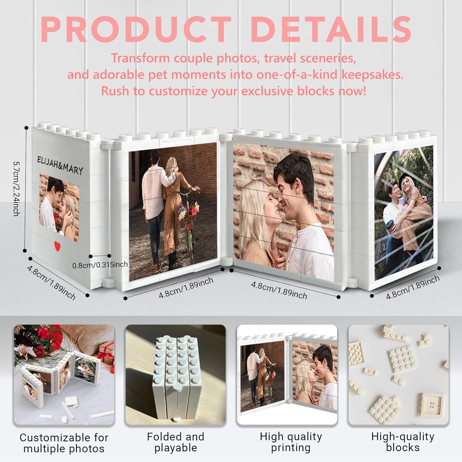 Personalized Photo Puzzle Foldable Rectangle Bricks, Custom Pictures Album Building Blocks Puzzles, Romantic DIY Home Decor Anniversary Birthday Gifts for Lovers, Family, Her, Him Color08