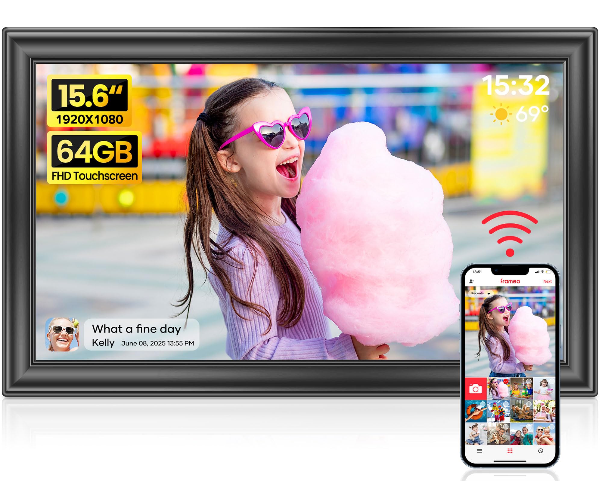 64GB FRAMEO 15,6 Zoll Digitaler Bilderrahmen - 1920 * 1080P FHD IPS Touchscreen Digitale Bilderrahmen, Auto Rotation Elektronischer Fotorahmen, Teilen Sie Fotos/Videos Sofort