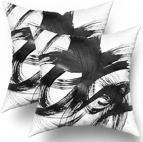 Sweetshow Juego de 2 fundas de almohada de color blanco y negro de 18 x 18 pulgadas de líneas abstractas de arte moderno minimalista decorativas
