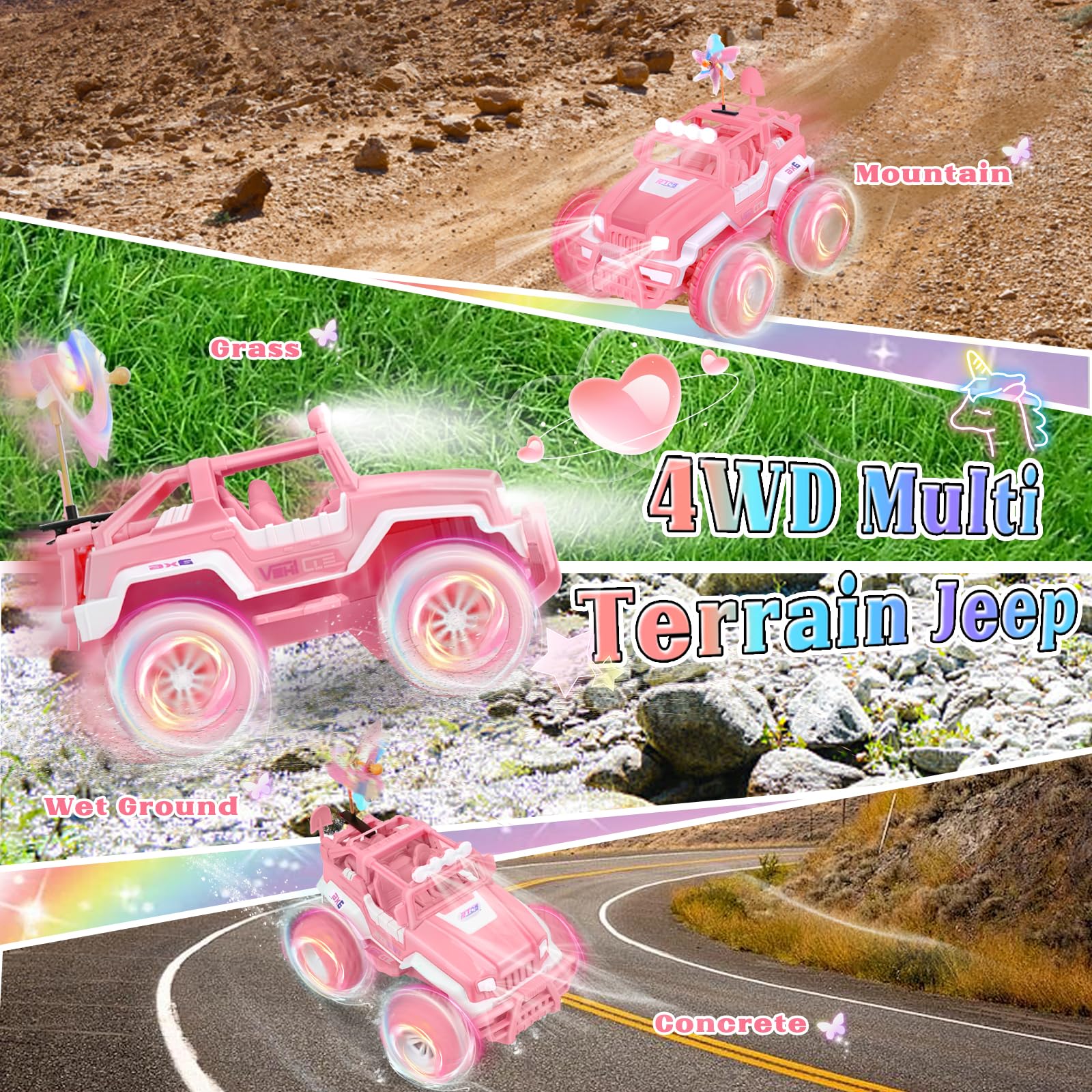 Ulikey Auto Telecomandata Ragazze, Macchina Telecomandata, Rosa Jeep Auto RC 1:18, Fuoristrada Telecomandata 2,4 GHz, Tutti i Terreni RC Auto 4WD, Regali di Compleanno Giocattoli per 6-12 Anni Ragazze