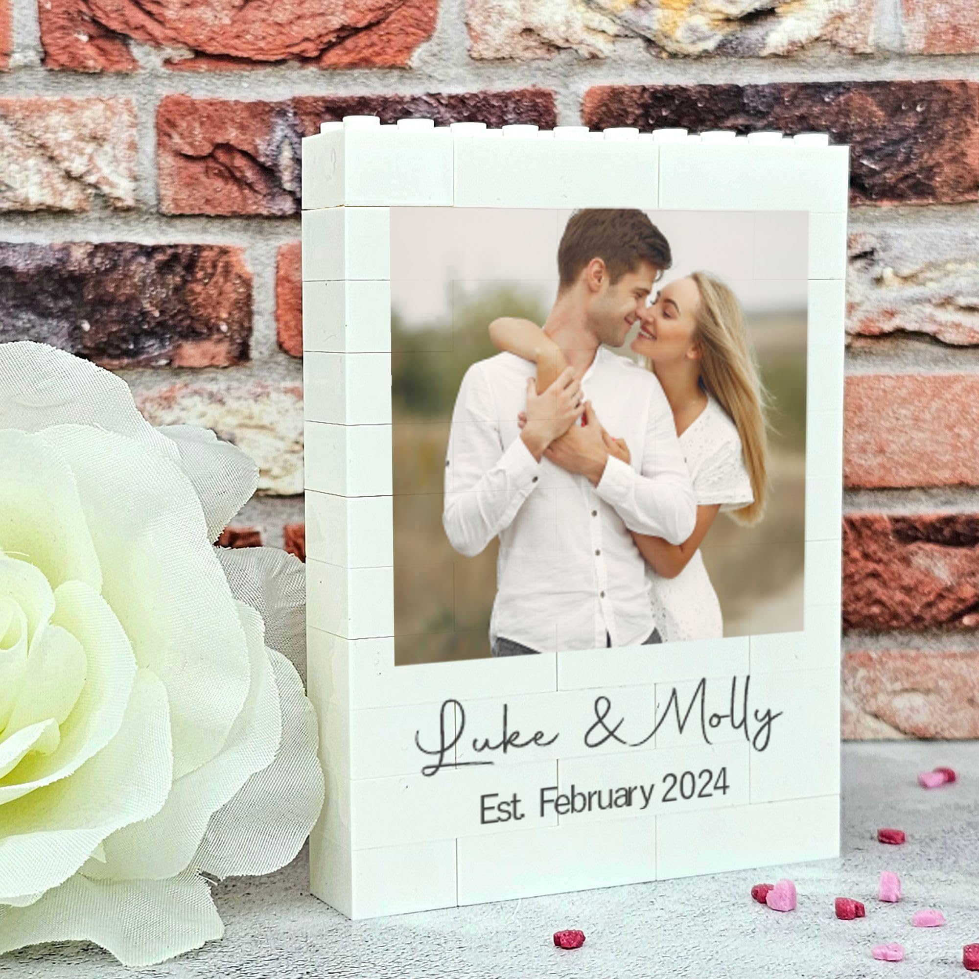Pixie's Gifts Personalised Freestanding Building Blocks Photo Plaque | Custom Photo & Text Couple Keepsake | Established Date | For Boyfriend Girlfriend Husband Wife (Extra Large - 15.6cm x 11.2cm)