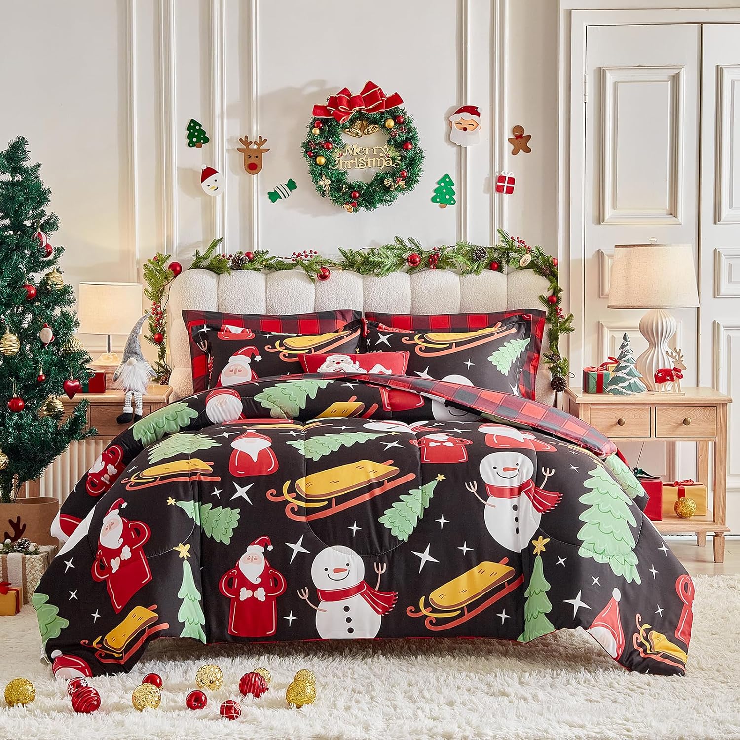 Christmas 7 Pieces King Comforter Sheet Set Bed in a Bag Holiday New Year Style - Black Red Santa Claus Trees Snowman - Red Plaid Gingham Bedding Set with Comforters, Sheets, Pillowcases & Shams