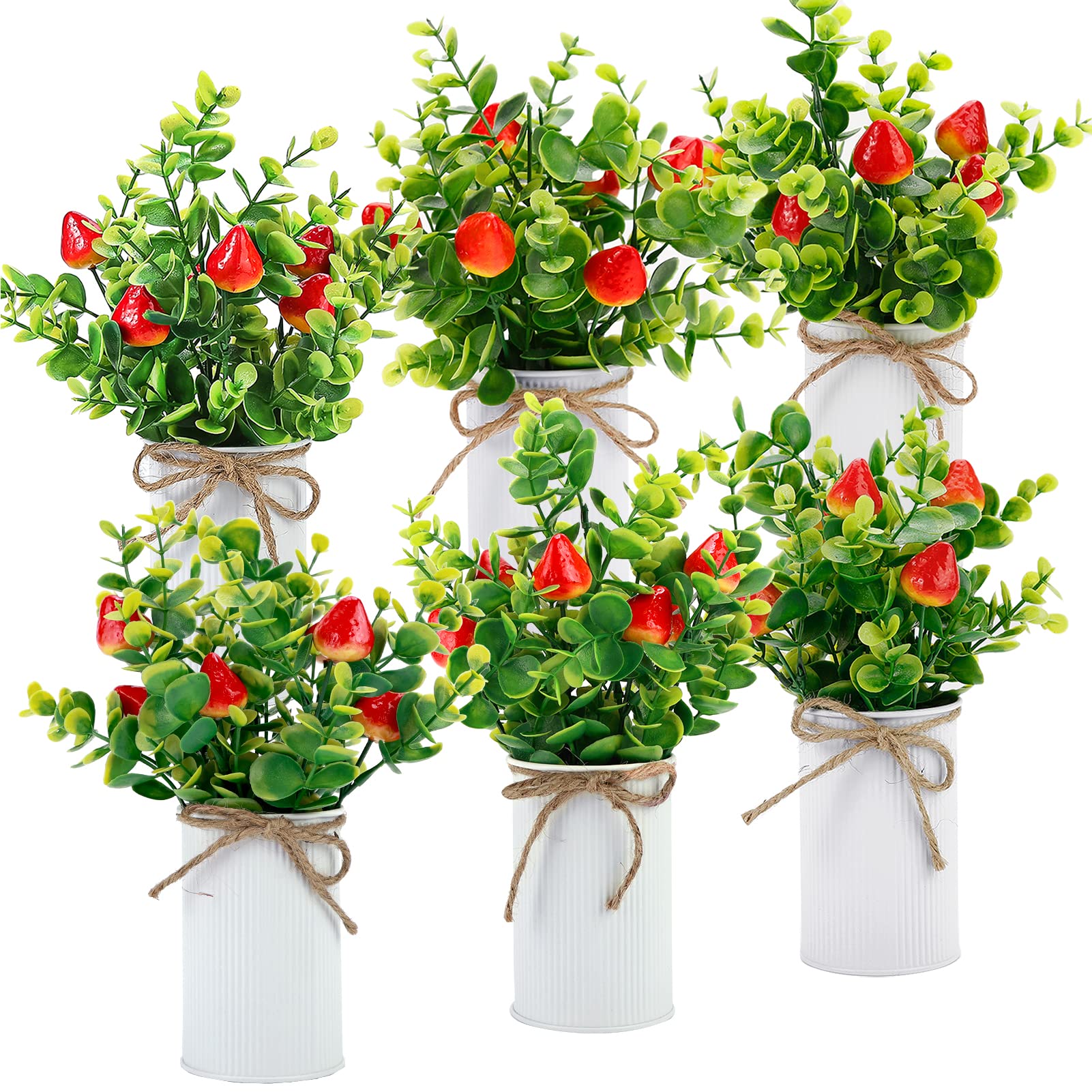 Omldggr 6 Pack Artificial Strawberry Potted Plants Decor, Fake Strawberry Fruit Decoration with Metal Pots for Spring Summer Kitchen Home Tiered Tray Table Centerpieces Farmhouse Display Decoration