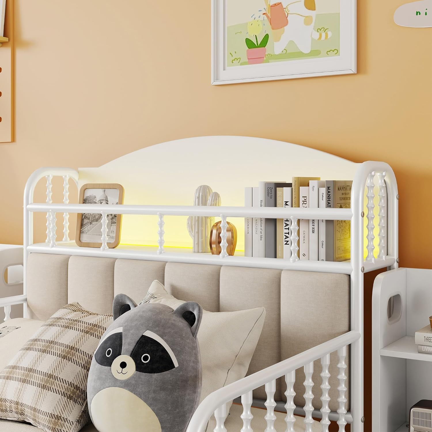 Twin Bed with Storage, Kids Montessori Bed Frame with Rails, Upholstered Headboard, Modern Twin Size Beds with LED Light,Hidden Shelves, Low Platform Bed for Girls Boys, White