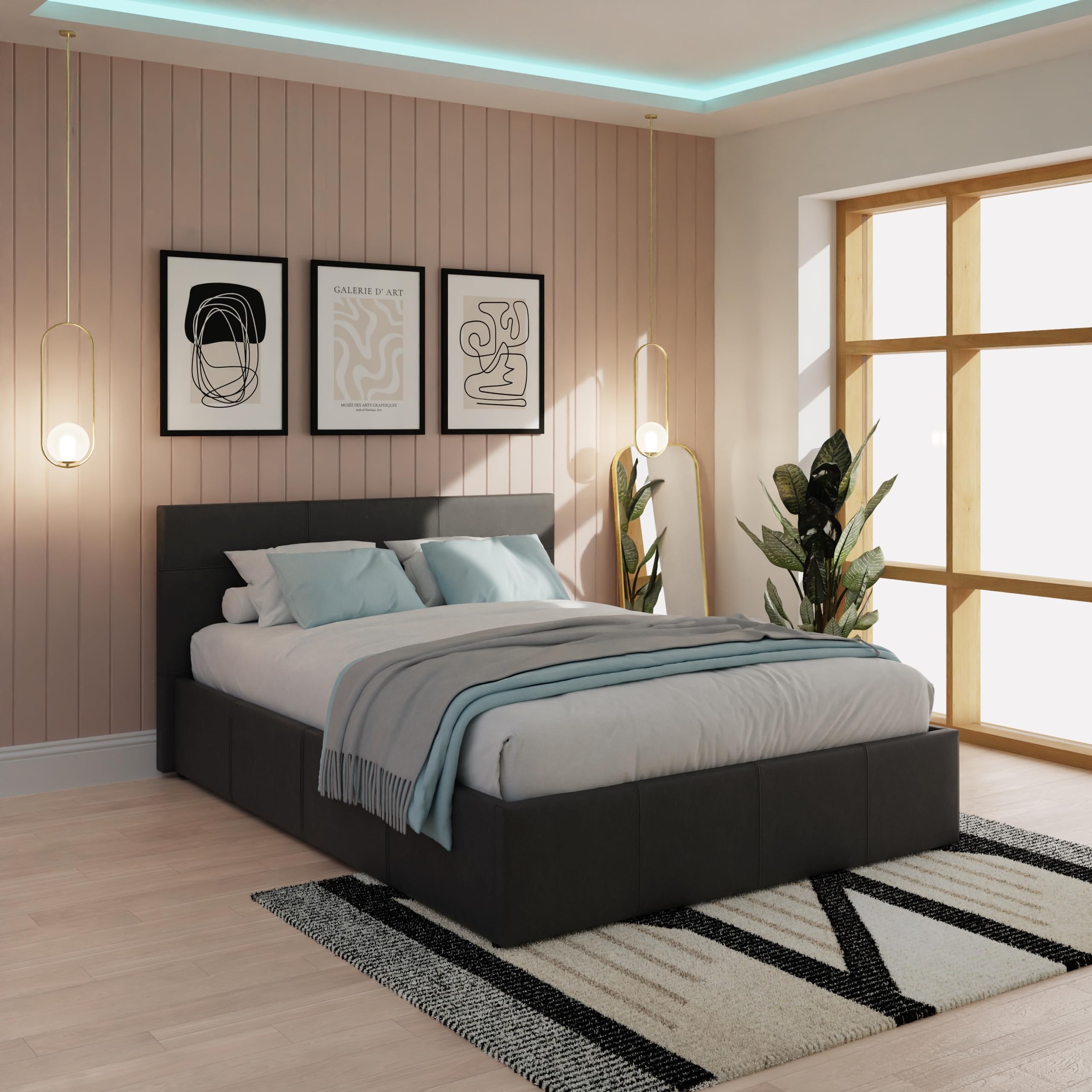 GFW Classic Leather Upholstered Ottoman Storage Bed With Gas End Lift & Under Bed Storage, Double, Faux Leather, Black