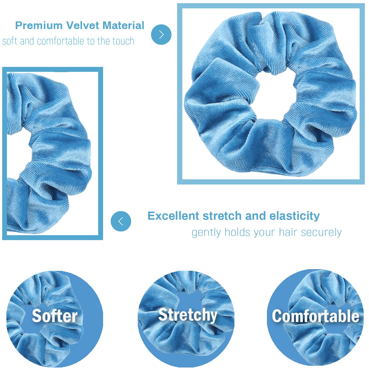 VENUSTE Azure Blue Scrunchies, Premium Velvet Scrunchy for Hair Solid Colors Thick Hair Bands - Image 2