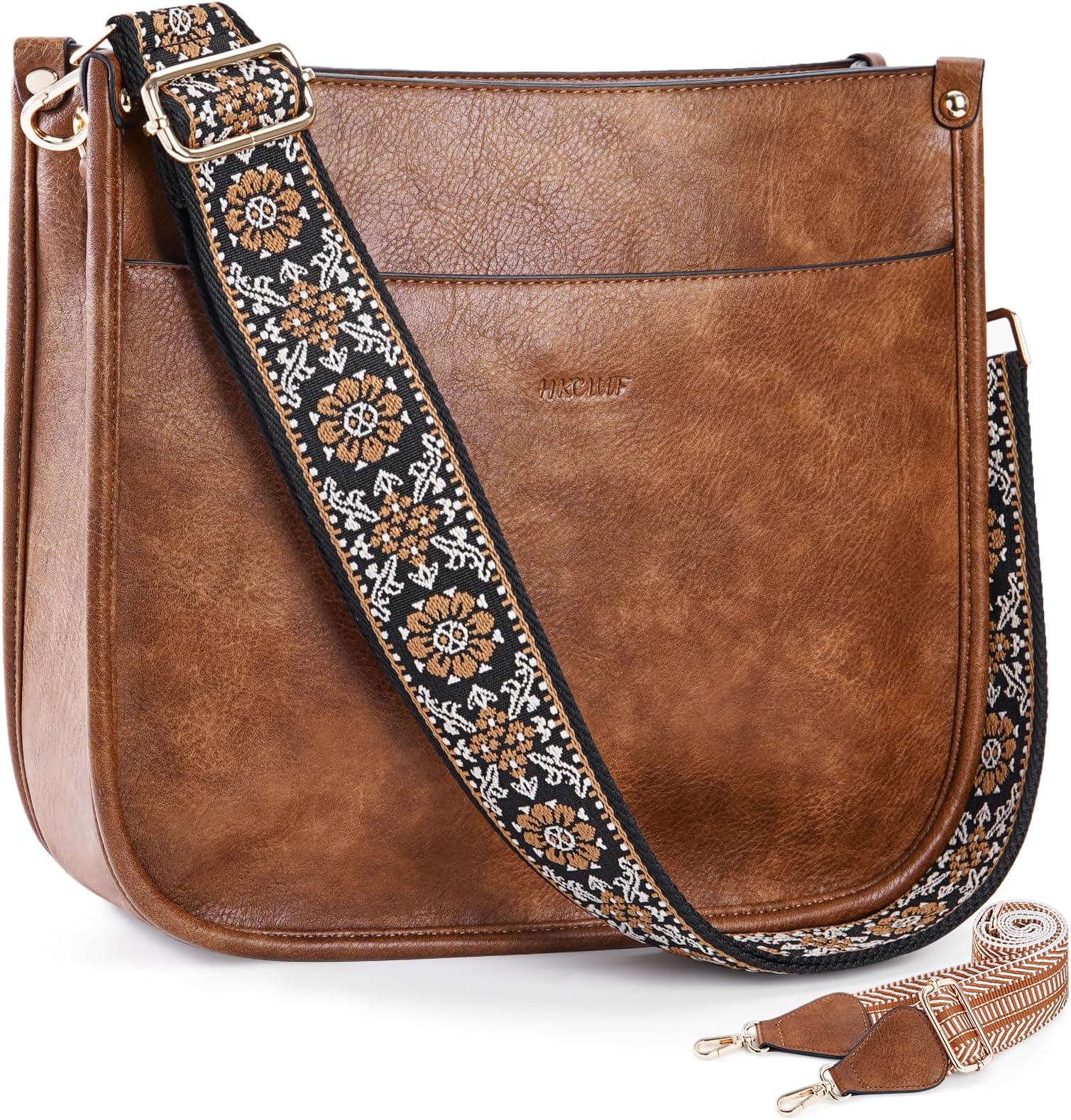 HKCLUF Crossbody Bags for Women,Designer Vegan Leather Hobo Handbags,With 2 Adjustable Leopard Guitar Strap Shoulder Bucket Crossbody Purse(Brown)