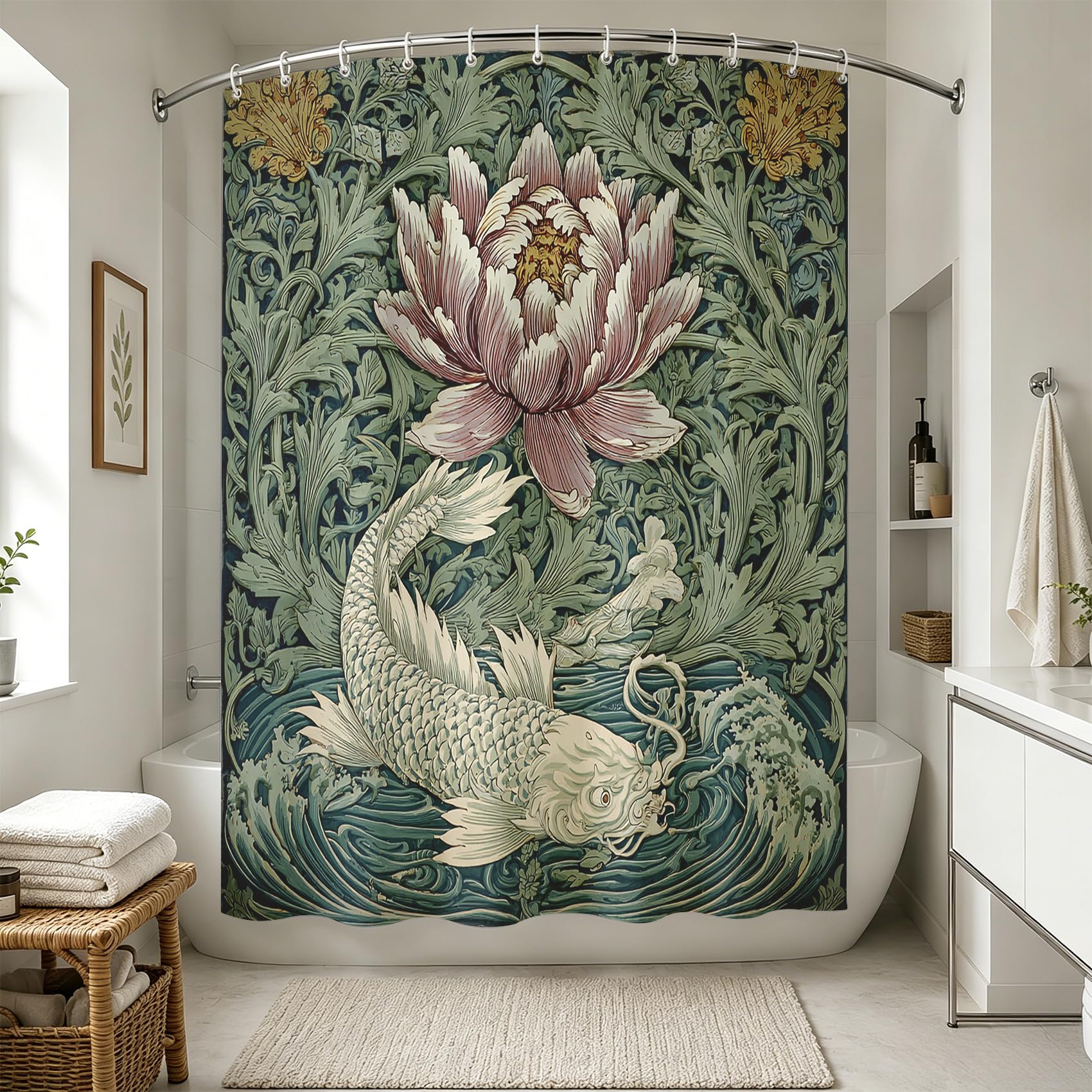 Générique Rideau de Douche Carpe Koï Japonaise 180x200cm | Rideau Douche Fleurs Plantes William Morris Tissu Polyester Hydrofuge Rideau Baignoire pour Salle de Bain avec Crochets
