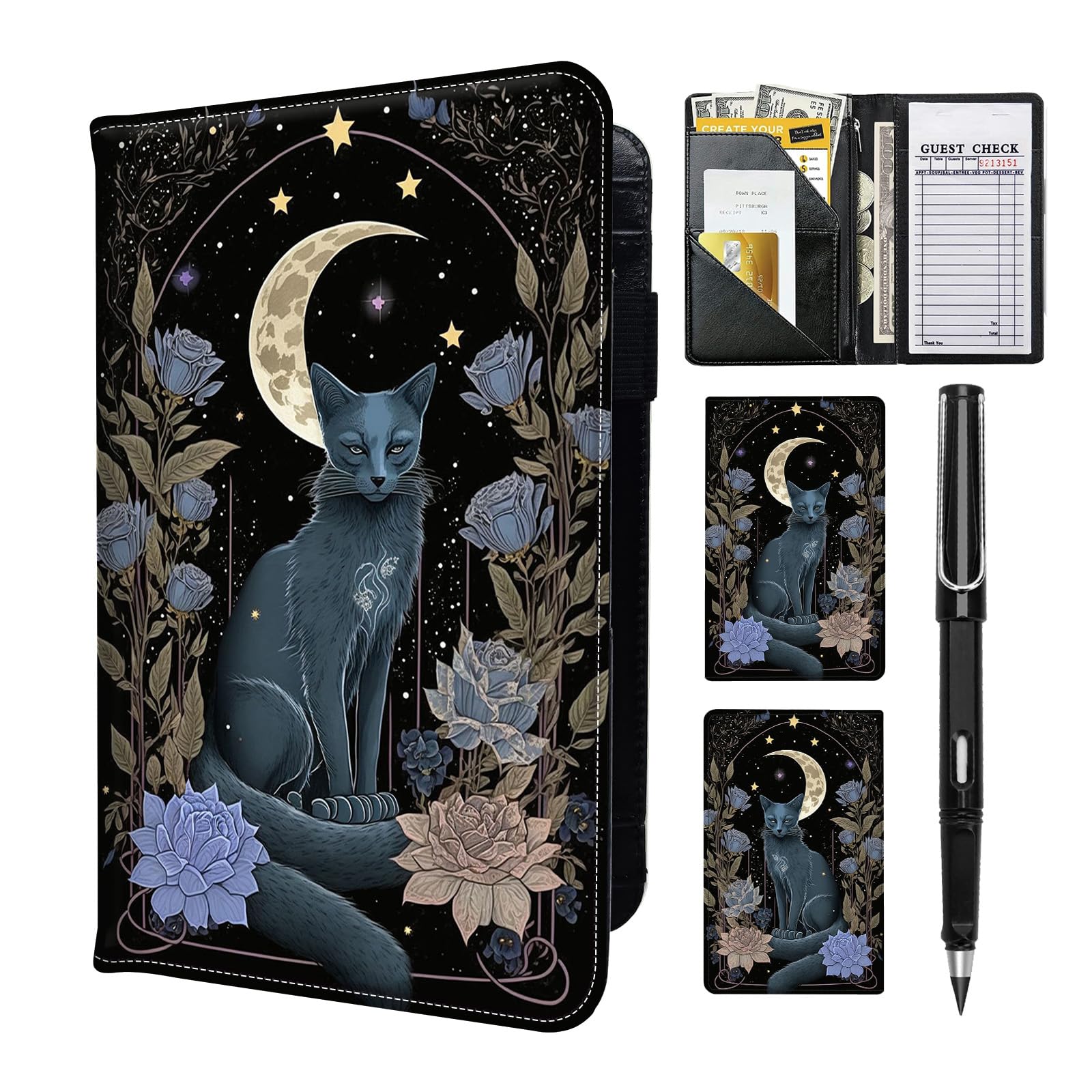 RAUEDWDJS Server Book for Waitress with Everlasting Pencil, Money Pocket Leather Wallet Booklet, Guest Check Receipt Holder Presenters, Waiter