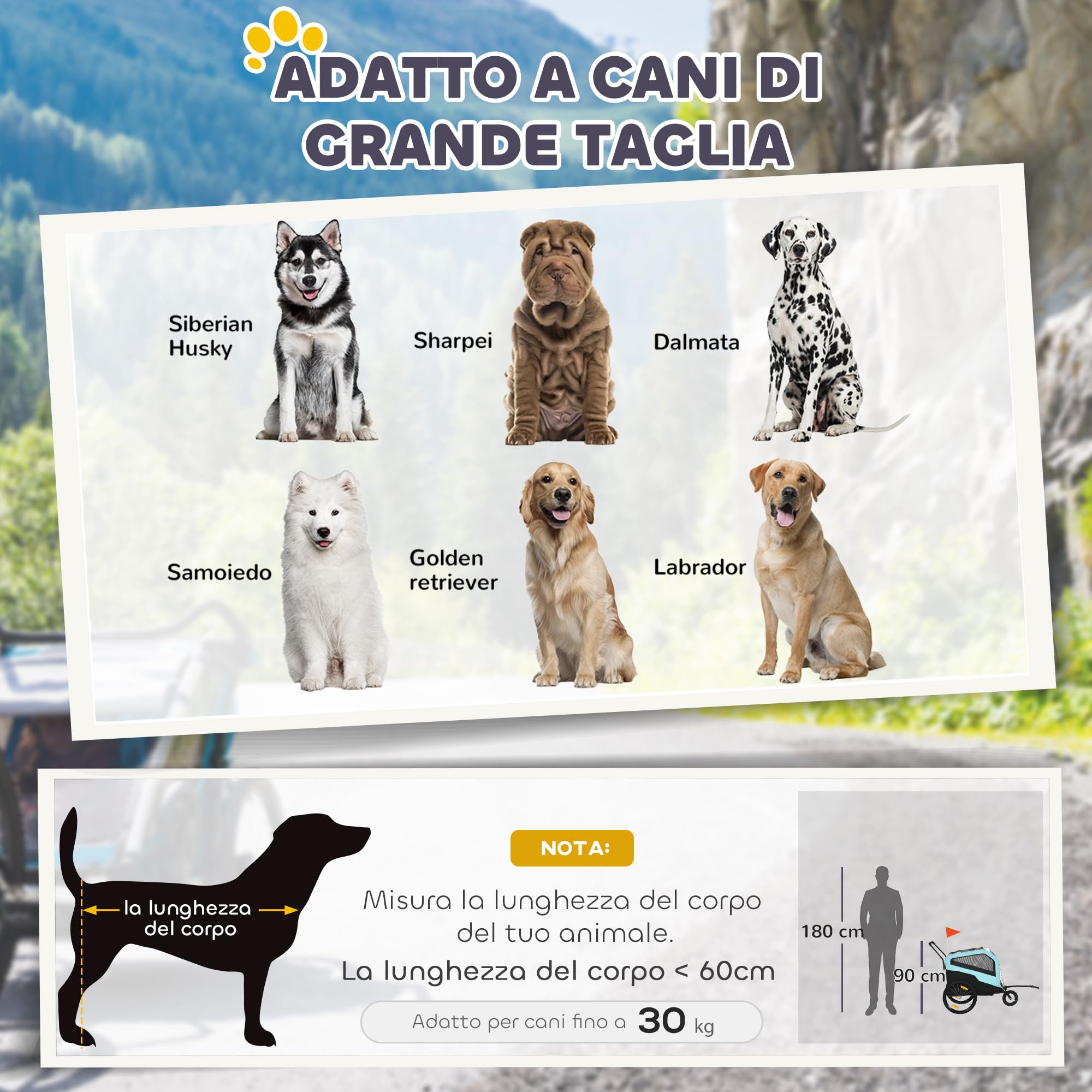 PawHut Rimorchio Bici per Cani 2 in 1 con 2 Ingressi e Tasche Portaoggetti, Passeggino per Cani 30kg max in Acciaio e Tessuto Oxford, Blu