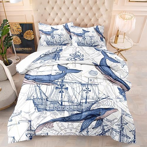 CVHOUSE Juego de edredón de ballena, tamaño Queen, juego de ropa de cama con temática oceánica para niños, juego de edredón de vela náutica de