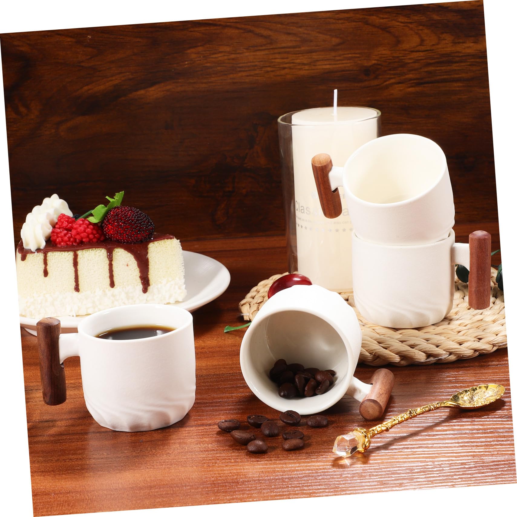 4pezzi Tazzine Caffè in Ceramica Tazze da Pranzo in Porcellana Tazze da Tè con Manico in Legno da Ufficio per Cucina