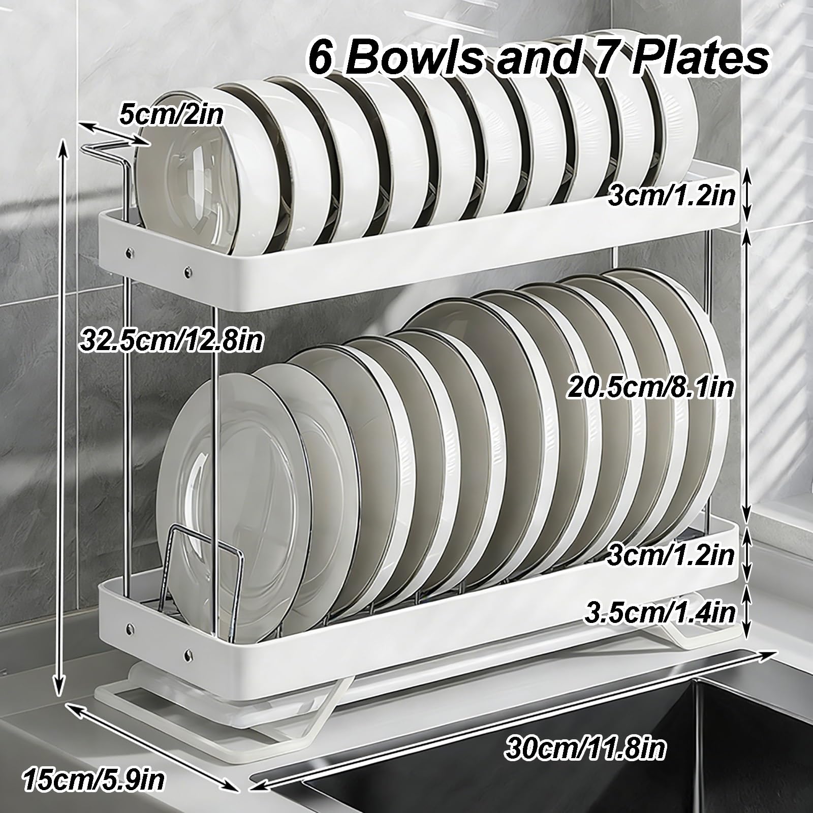 Escurreplatos sobre Fregadero Doble Capa, Escurridor de Platos de Vajilla para Encimera de Cocina de Acero Inoxidable, Todo en Uno con Bandeja de Drenaje(30x15x39 cm/12x6x15 in)