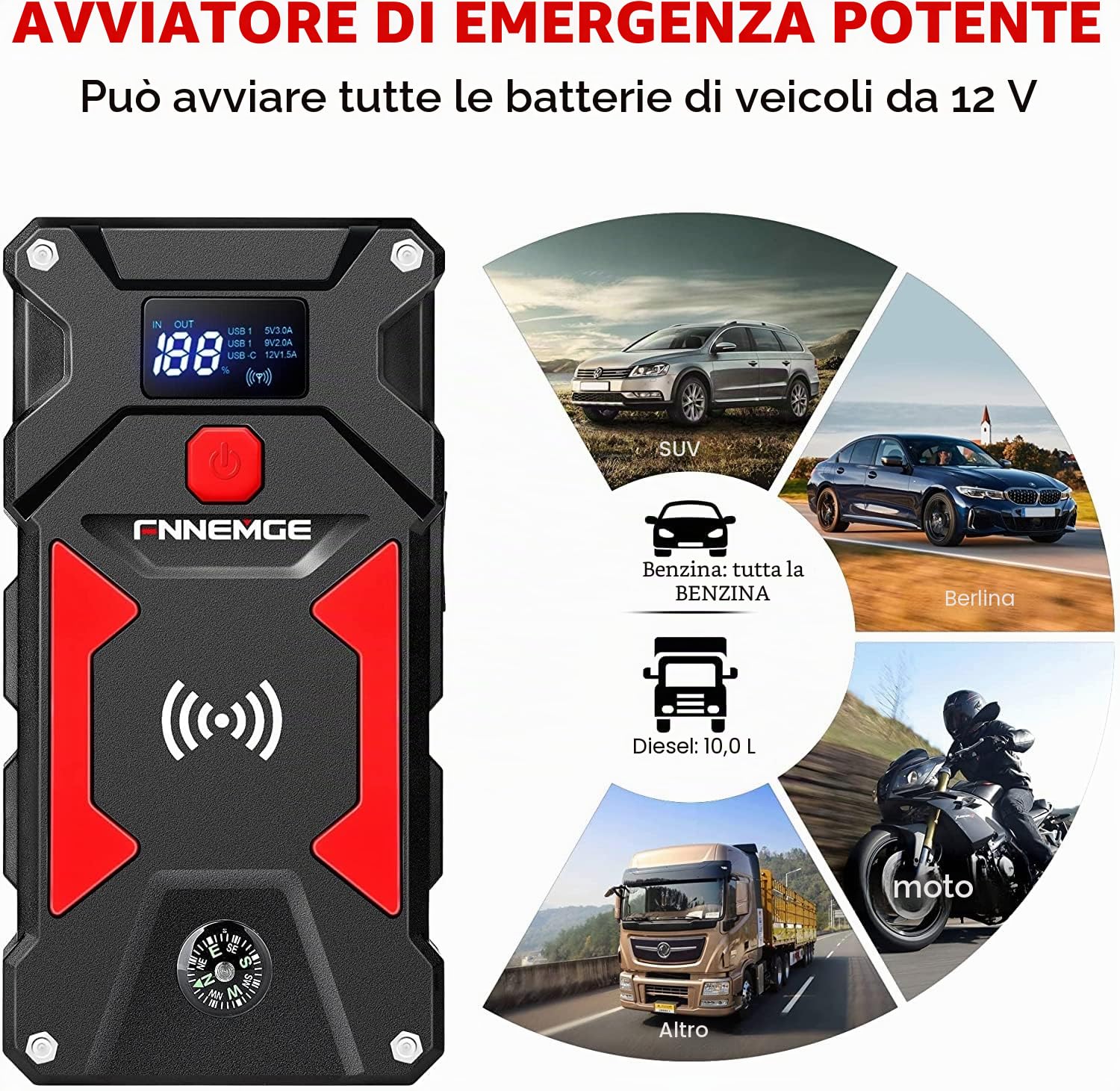 FNNEMGE Avviatore Batteria Auto, 6000A 26800mAh (Adatto a Tutti i Veicoli a Benzina o 10,0L Diesel) Avviatore Emergenza per Auto,con di Uscita USB, Luce LED,Adattatore di uscita EC-5.