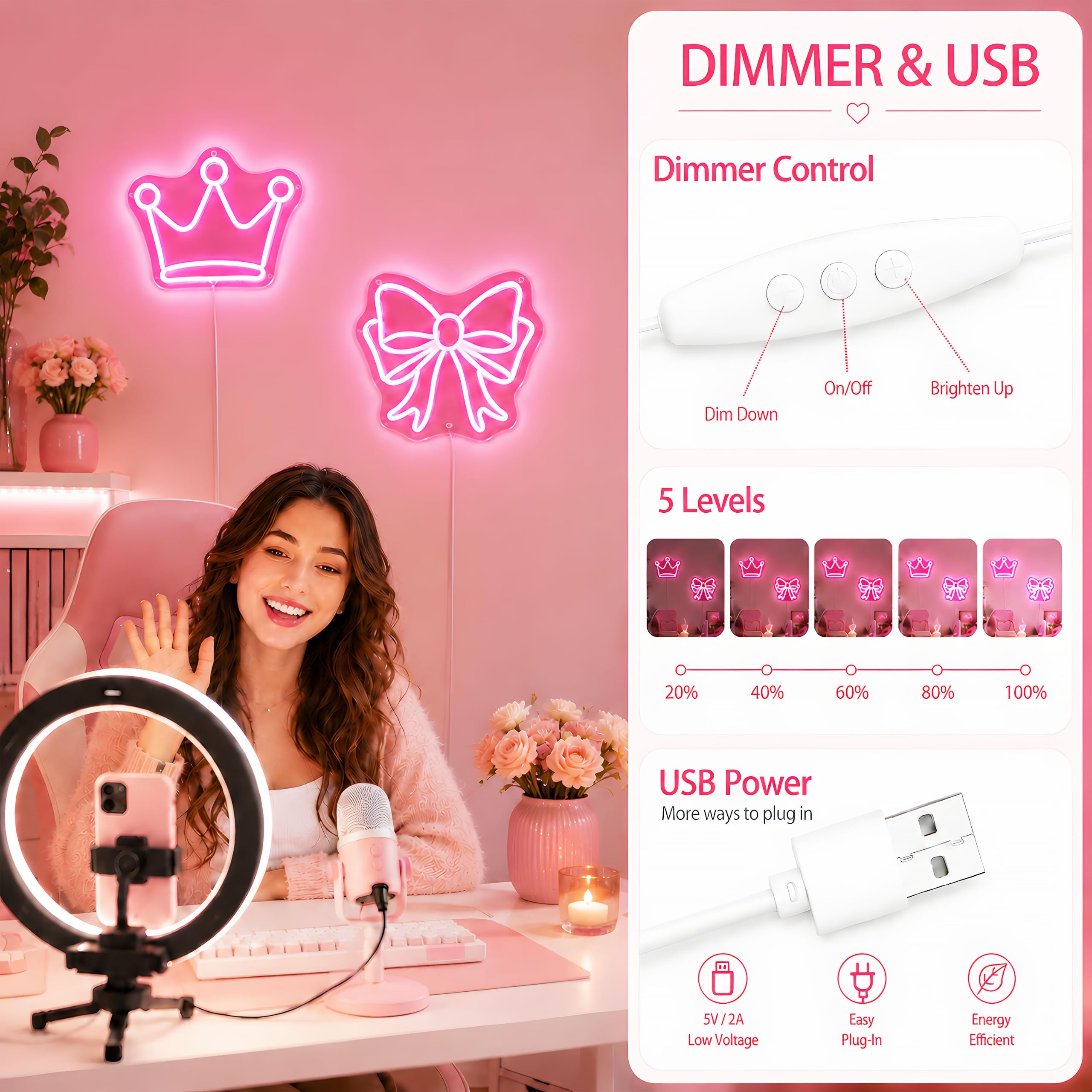 Confezione da 2 insegne al neon a forma di fiocco e corona, luce LED rosa per decorazione della camera da letto, alimentata tramite USB, dimmerabile, luce al neon per sala di bellezza, dormitorio