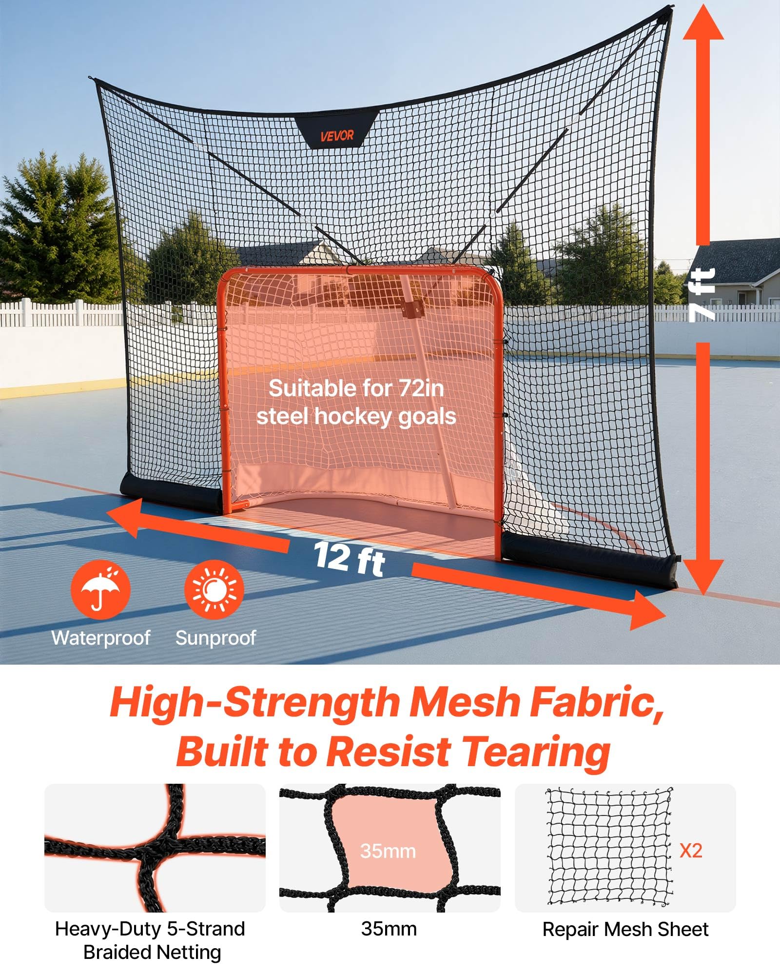 VEVOR Filet de Hockey Arrière 366x213 cm Filet d'Arrêt pour But de Hockey, Équipement d'Entraînement pour Cour Aire de Jeux, Pas DE Cage, Écran Pare Palets Léger et Portable, Couverture Étendue