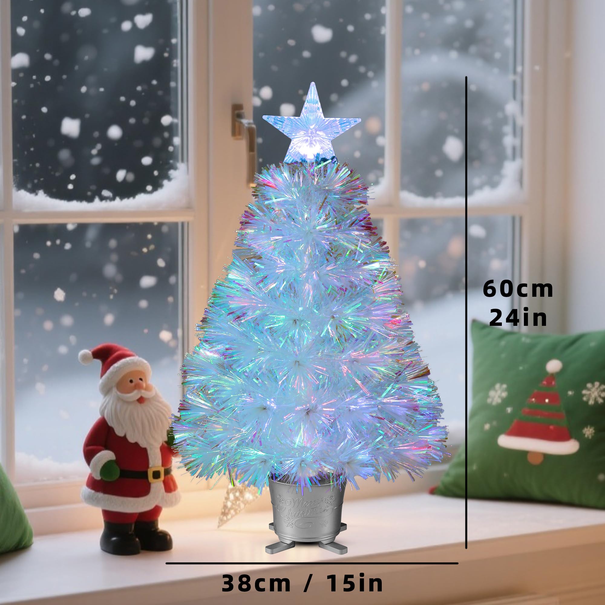 YUETJIN Petit sapin de Noël artificiel de table en fibre optique pré-éclairé de 61 cm avec étoiles - Transparent