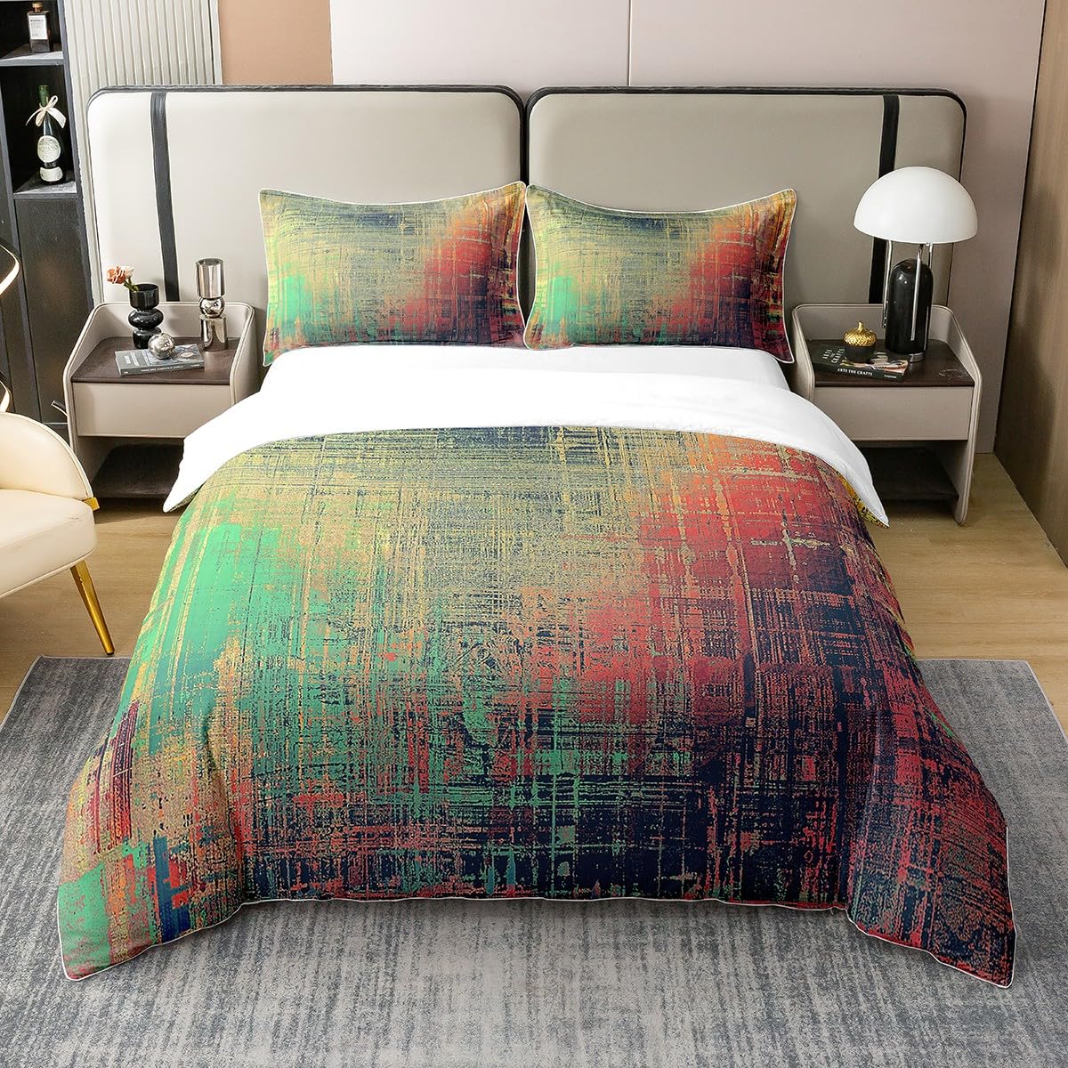 Retro Abstract Cotton Duvet Cover Super King Size Boys Girls Vintage Blue Messy Rust Painting Bedding Set Soft 100% Cotton Comforter Cover Modern Grunge Art Duvet Cover Bed Set Chic Bedroom Decor