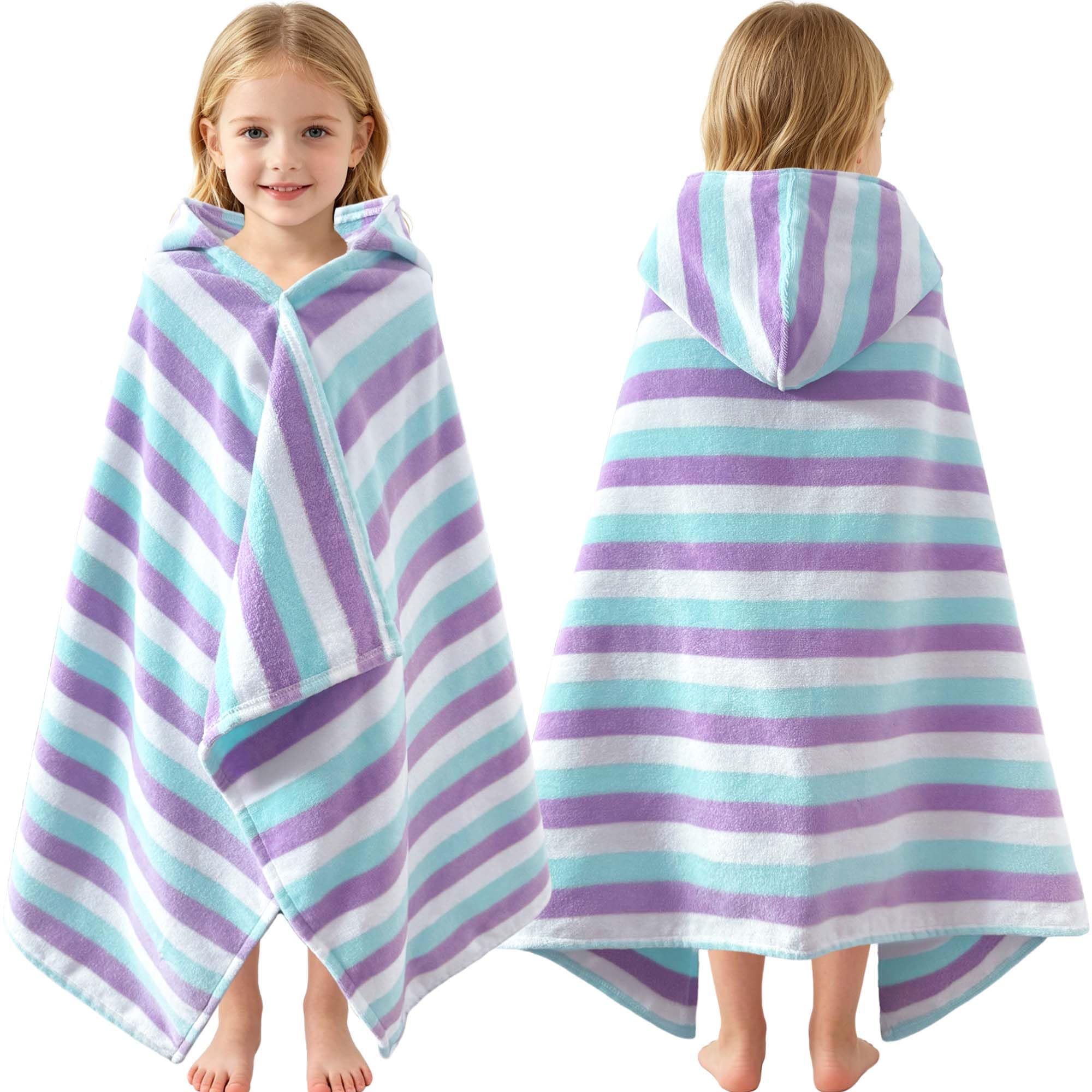 VOOVA & MOVAS Kids Wearable Towel,3-6 Years,100% Cotton, Purple Striped | Slim Light Weight, Quick Water Absorption, Great for Bath, Swim, Pool and Beach Vacation