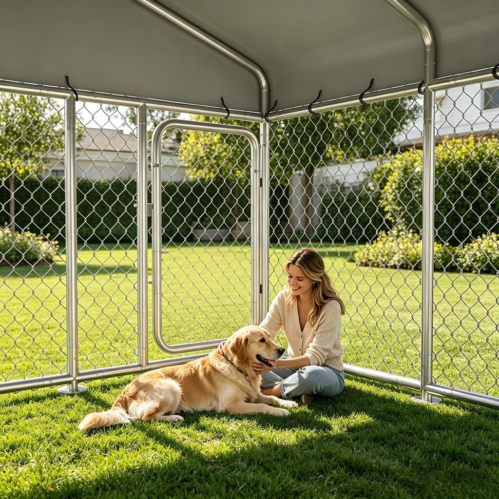 COMHOMA Dog Kennel Outdoor with Roof,Large Metal Dog Enclosure with Weather-Resistant Cover,Lockable Gate for Medium Large Dogs (Silver, 7.5x7.5FT (90in))